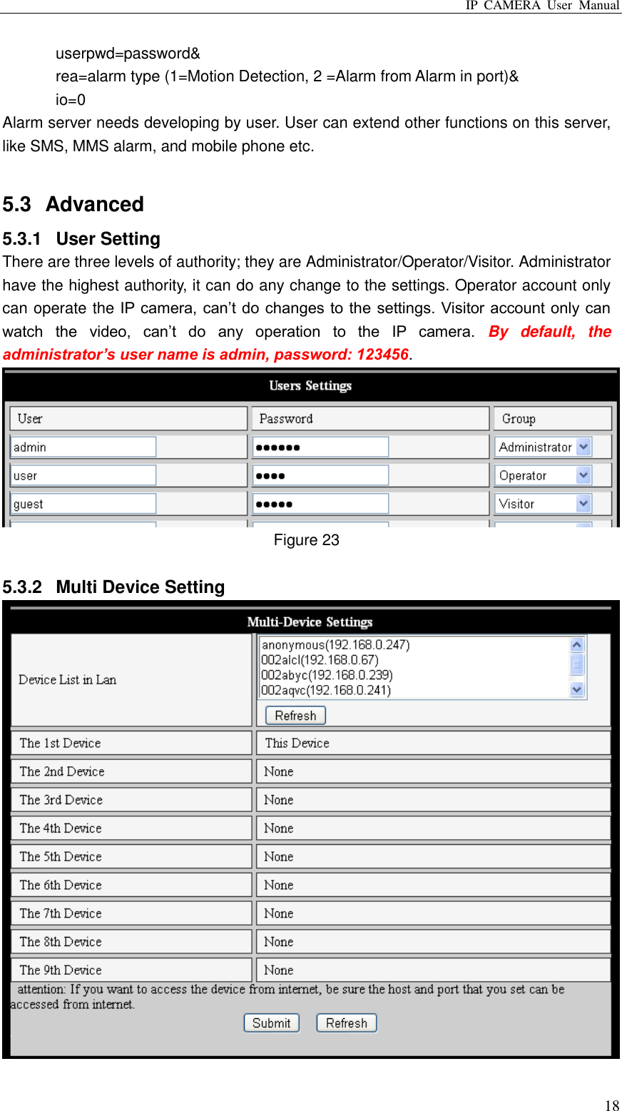 IP  CAMERA  User  Manual  18 userpwd=password&amp; rea=alarm type (1=Motion Detection, 2 =Alarm from Alarm in port)&amp; io=0 Alarm server needs developing by user. User can extend other functions on this server, like SMS, MMS alarm, and mobile phone etc.  5.3  Advanced 5.3.1  User Setting There are three levels of authority; they are Administrator/Operator/Visitor. Administrator have the highest authority, it can do any change to the settings. Operator account only can operate the IP camera, can‟t do  changes to the  settings. Visitor account only can watch  the  video,  can‟t  do  any  operation  to  the  IP  camera.  By  default,  the administrator’s user name is admin, password: 123456.  Figure 23  5.3.2  Multi Device Setting  