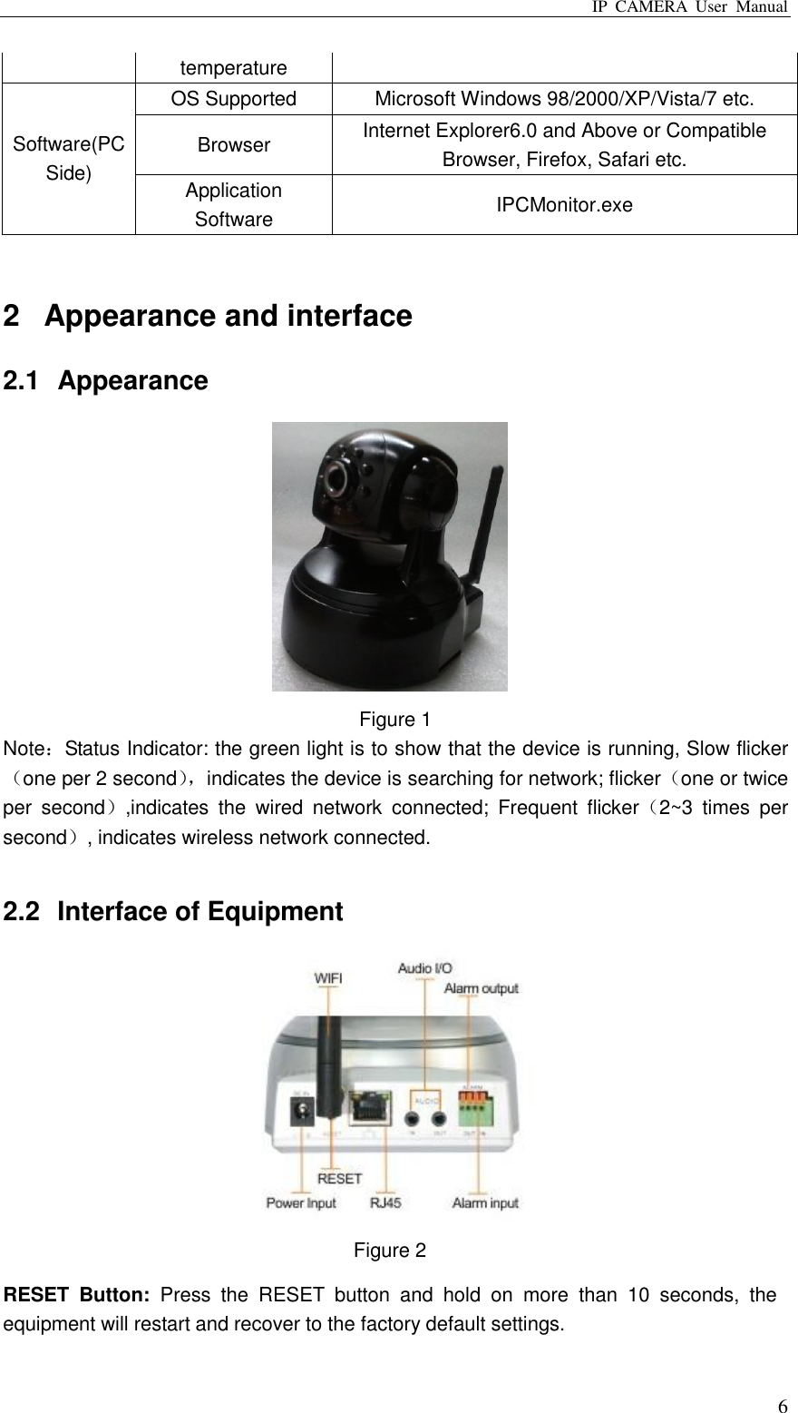 IP  CAMERA  User  Manual  6 temperature Software(PC Side) OS Supported Microsoft Windows 98/2000/XP/Vista/7 etc. Browser Internet Explorer6.0 and Above or Compatible Browser, Firefox, Safari etc. Application Software IPCMonitor.exe  2  Appearance and interface 2.1  Appearance  Figure 1 Note：Status Indicator: the green light is to show that the device is running, Slow flicker（one per 2 second）， indicates the device is searching for network; flicker（one or twice per  second）,indicates  the  wired  network  connected;  Frequent  flicker（2~3  times  per second）, indicates wireless network connected.  2.2  Interface of Equipment  Figure 2 RESET  Button:  Press  the  RESET  button  and  hold  on  more  than  10  seconds,  the equipment will restart and recover to the factory default settings. 