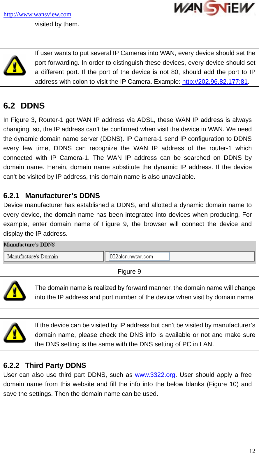 http://www.wansview.com                                 visited by them.  If user wants to put several IP Cameras into WAN, every device should set the port forwarding. In order to distinguish these devices, every device should set a different port. If the port of the device is not 80, should add the port to IP address with colon to visit the IP Camera. Example: http://202.96.82.177:81.   6.2  DDNS In Figure 3, Router-1 get WAN IP address via ADSL, these WAN IP address is always changing, so, the IP address can’t be confirmed when visit the device in WAN. We need the dynamic domain name server (DDNS). IP Camera-1 send IP configuration to DDNS every few time, DDNS can recognize the WAN IP address of the router-1 which connected with IP Camera-1. The WAN IP address can be searched on DDNS by domain name. Herein, domain name substitute the dynamic IP address. If the device can’t be visited by IP address, this domain name is also unavailable.  6.2.1  Manufacturer’s DDNS Device manufacturer has established a DDNS, and allotted a dynamic domain name to every device, the domain name has been integrated into devices when producing. For example, enter domain name of Figure 9, the browser will connect the device and display the IP address.  Figure 9  The domain name is realized by forward manner, the domain name will change into the IP address and port number of the device when visit by domain name.  If the device can be visited by IP address but can’t be visited by manufacturer’s domain name, please check the DNS info is available or not and make sure the DNS setting is the same with the DNS setting of PC in LAN.  6.2.2  Third Party DDNS User can also use third part DDNS, such as www.3322.org. User should apply a free domain name from this website and fill the info into the below blanks (Figure 10) and save the settings. Then the domain name can be used.  12