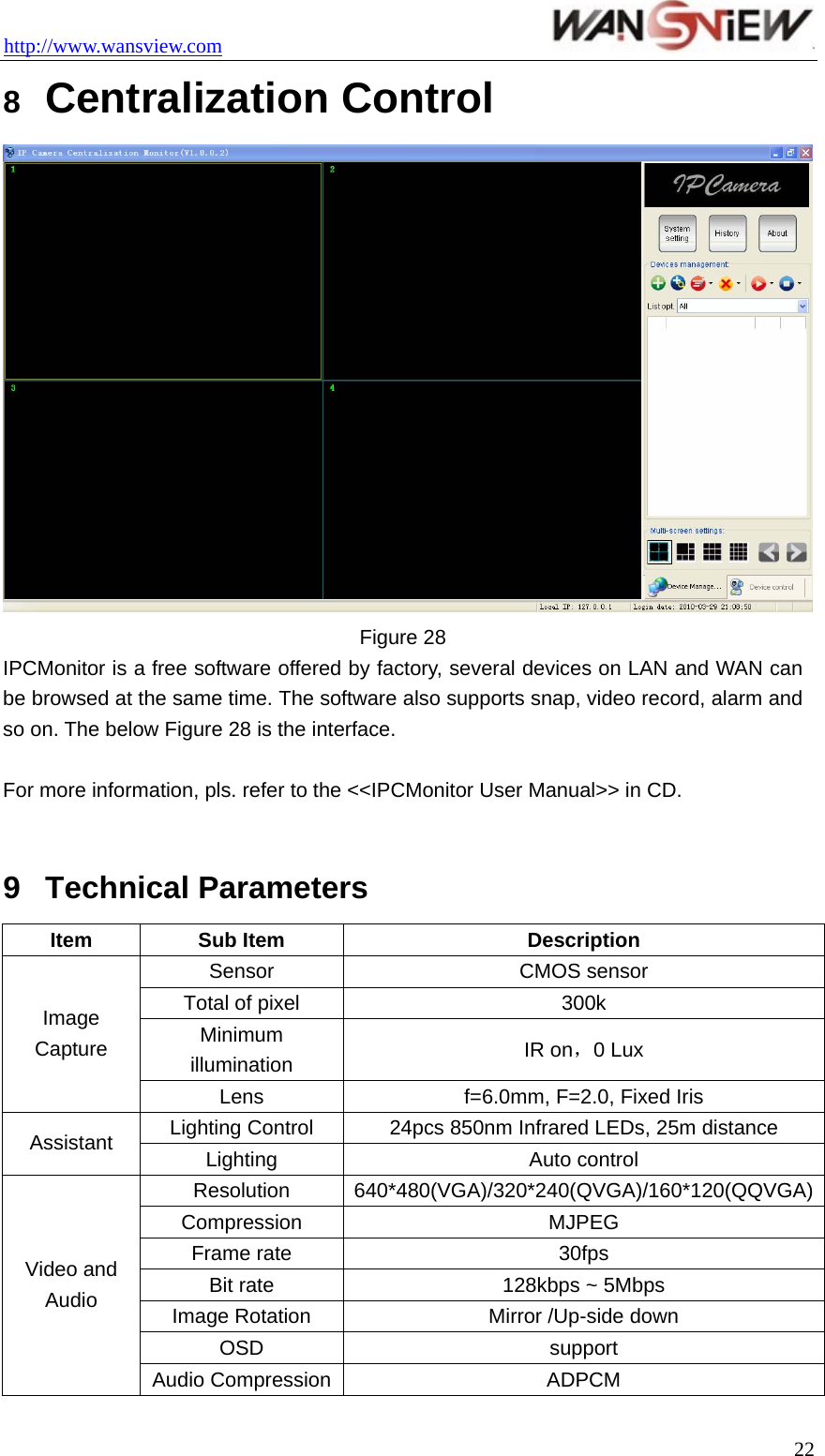 http://www.wansview.com                                 8  Centralization Control  Figure 28 IPCMonitor is a free software offered by factory, several devices on LAN and WAN can be browsed at the same time. The software also supports snap, video record, alarm and so on. The below Figure 28 is the interface.  For more information, pls. refer to the &lt;&lt;IPCMonitor User Manual&gt;&gt; in CD.  9  Technical Parameters Item Sub Item  Description Sensor CMOS sensor Total of pixel  300k   Minimum illumination  IR on，0 Lux Image Capture Lens  f=6.0mm, F=2.0, Fixed Iris Lighting Control  24pcs 850nm Infrared LEDs, 25m distance Assistant  Lighting Auto control Resolution 640*480(VGA)/320*240(QVGA)/160*120(QQVGA)Compression MJPEG Frame rate  30fps Bit rate  128kbps ~ 5Mbps Image Rotation  Mirror /Up-side down OSD support Video and Audio Audio Compression ADPCM  22