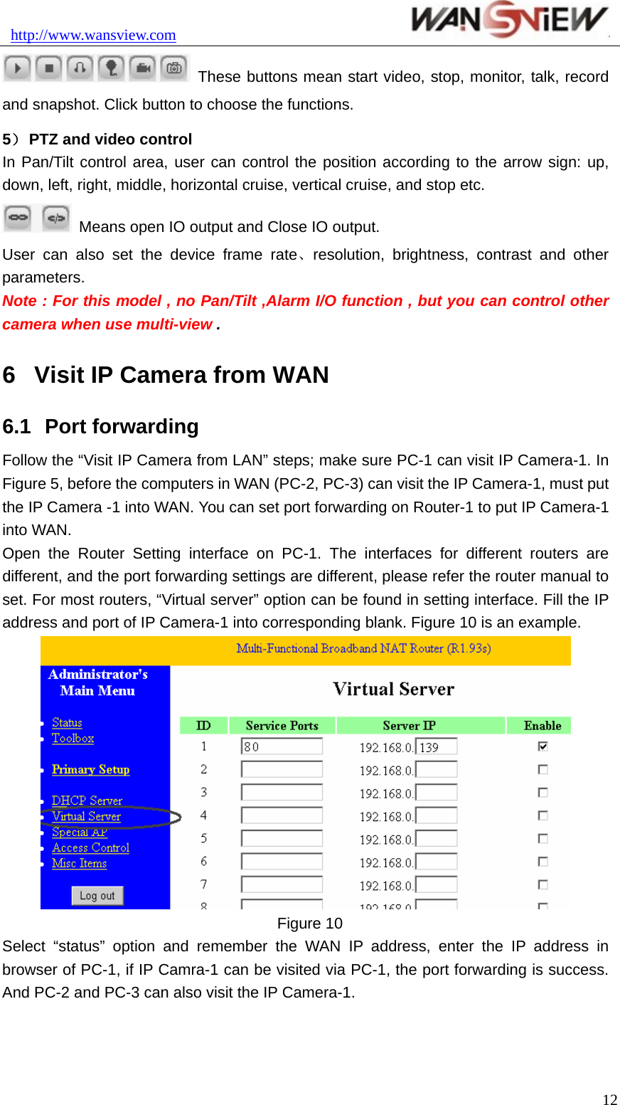 http://www.wansview.com                                12 These buttons mean start video, stop, monitor, talk, record and snapshot. Click button to choose the functions. 5） PTZ and video control In Pan/Tilt control area, user can control the position according to the arrow sign: up, down, left, right, middle, horizontal cruise, vertical cruise, and stop etc.   Means open IO output and Close IO output. User can also set the device frame rate、resolution, brightness, contrast and other parameters. Note : For this model , no Pan/Tilt ,Alarm I/O function , but you can control other camera when use multi-view . 6  Visit IP Camera from WAN 6.1  Port forwarding Follow the “Visit IP Camera from LAN” steps; make sure PC-1 can visit IP Camera-1. In Figure 5, before the computers in WAN (PC-2, PC-3) can visit the IP Camera-1, must put the IP Camera -1 into WAN. You can set port forwarding on Router-1 to put IP Camera-1 into WAN. Open the Router Setting interface on PC-1. The interfaces for different routers are different, and the port forwarding settings are different, please refer the router manual to set. For most routers, “Virtual server” option can be found in setting interface. Fill the IP address and port of IP Camera-1 into corresponding blank. Figure 10 is an example.  Figure 10 Select “status” option and remember the WAN IP address, enter the IP address in browser of PC-1, if IP Camra-1 can be visited via PC-1, the port forwarding is success. And PC-2 and PC-3 can also visit the IP Camera-1. 