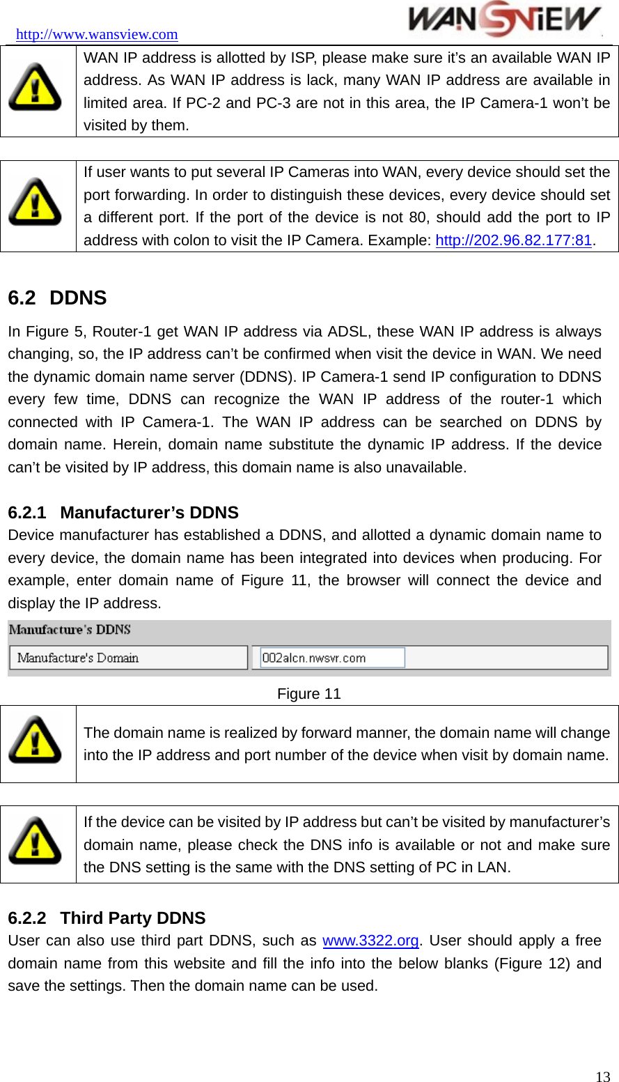 http://www.wansview.com                                WAN IP address is allotted by ISP, please make sure it’s an available WAN IP address. As WAN IP address is lack, many WAN IP address are available in limited area. If PC-2 and PC-3 are not in this area, the IP Camera-1 won’t be visited by them.   If user wants to put several IP Cameras into WAN, every device should set the port forwarding. In order to distinguish these devices, every device should set a different port. If the port of the device is not 80, should add the port to IP address with colon to visit the IP Camera. Example: http://202.96.82.177:81.   6.2  DDNS In Figure 5, Router-1 get WAN IP address via ADSL, these WAN IP address is always changing, so, the IP address can’t be confirmed when visit the device in WAN. We need the dynamic domain name server (DDNS). IP Camera-1 send IP configuration to DDNS every few time, DDNS can recognize the WAN IP address of the router-1 which connected with IP Camera-1. The WAN IP address can be searched on DDNS by domain name. Herein, domain name substitute the dynamic IP address. If the device can’t be visited by IP address, this domain name is also unavailable.  6.2.1  Manufacturer’s DDNS Device manufacturer has established a DDNS, and allotted a dynamic domain name to every device, the domain name has been integrated into devices when producing. For example, enter domain name of Figure 11, the browser will connect the device and display the IP address.  Figure 11  The domain name is realized by forward manner, the domain name will change into the IP address and port number of the device when visit by domain name.  If the device can be visited by IP address but can’t be visited by manufacturer’s domain name, please check the DNS info is available or not and make sure the DNS setting is the same with the DNS setting of PC in LAN.  6.2.2  Third Party DDNS User can also use third part DDNS, such as www.3322.org. User should apply a free domain name from this website and fill the info into the below blanks (Figure 12) and save the settings. Then the domain name can be used.  13