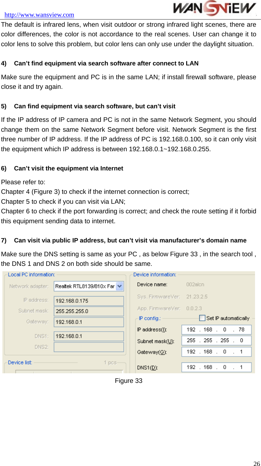 http://www.wansview.com                               The default is infrared lens, when visit outdoor or strong infrared light scenes, there are color differences, the color is not accordance to the real scenes. User can change it to color lens to solve this problem, but color lens can only use under the daylight situation.  4)  Can’t find equipment via search software after connect to LAN Make sure the equipment and PC is in the same LAN; if install firewall software, please close it and try again.  5)  Can find equipment via search software, but can’t visit If the IP address of IP camera and PC is not in the same Network Segment, you should change them on the same Network Segment before visit. Network Segment is the first three number of IP address. If the IP address of PC is 192.168.0.100, so it can only visit the equipment which IP address is between 192.168.0.1~192.168.0.255.  6)  Can’t visit the equipment via Internet   Please refer to: Chapter 4 (Figure 3) to check if the internet connection is correct;   Chapter 5 to check if you can visit via LAN; Chapter 6 to check if the port forwarding is correct; and check the route setting if it forbid this equipment sending data to internet.  7)  Can visit via public IP address, but can’t visit via manufacturer’s domain name   Make sure the DNS setting is same as your PC , as below Figure 33 , in the search tool , the DNS 1 and DNS 2 on both side should be same.    Figure 33        26