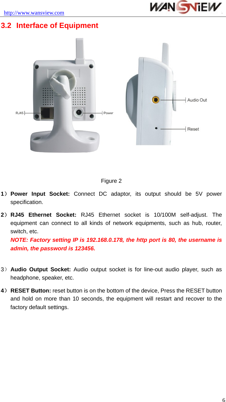 http://www.wansview.com                               3.2  Interface of Equipment    Figure 2 1） Power  Input  Socket:  Connect DC adaptor, its output should be 5V power specification. 2） RJ45 Ethernet Socket: RJ45 Ethernet socket is 10/100M self-adjust. The equipment can connect to all kinds of network equipments, such as hub, router, switch, etc. NOTE: Factory setting IP is 192.168.0.178, the http port is 80, the username is admin, the password is 123456.  3） Audio Output Socket: Audio output socket is for line-out audio player, such as headphone, speaker, etc. 4） RESET Button: reset button is on the bottom of the device, Press the RESET button and hold on more than 10 seconds, the equipment will restart and recover to the factory default settings.   6