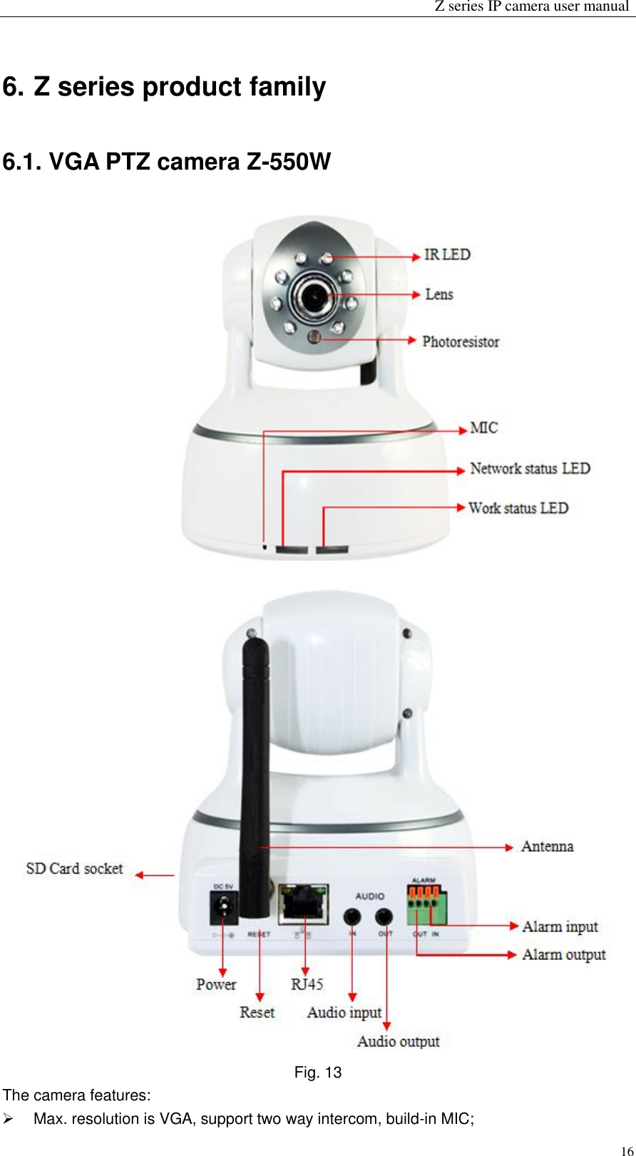                                                                 Z series IP camera user manual  16 6. Z series product family 6.1. VGA PTZ camera Z-550W                      Fig. 13 The camera features:   Max. resolution is VGA, support two way intercom, build-in MIC; 