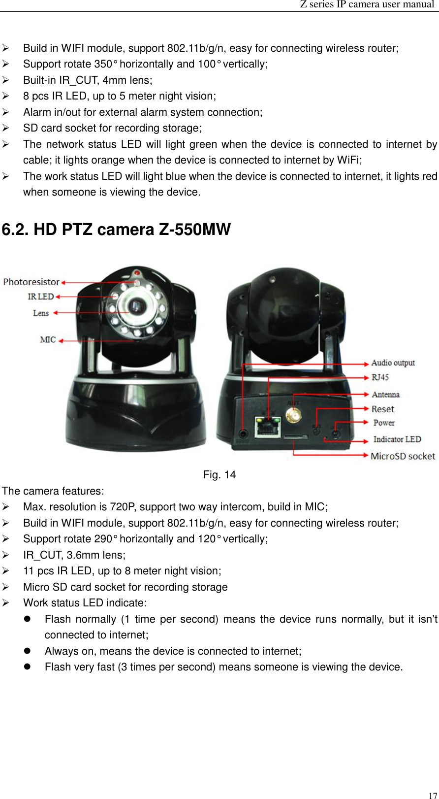                                                                 Z series IP camera user manual  17   Build in WIFI module, support 802.11b/g/n, easy for connecting wireless router;   Support rotate 350° horizontally and 100° vertically;   Built-in IR_CUT, 4mm lens;   8 pcs IR LED, up to 5 meter night vision;   Alarm in/out for external alarm system connection;     SD card socket for recording storage;     The network status LED will light green when the device is connected to internet by cable; it lights orange when the device is connected to internet by WiFi;   The work status LED will light blue when the device is connected to internet, it lights red when someone is viewing the device. 6.2. HD PTZ camera Z-550MW  Fig. 14 The camera features:   Max. resolution is 720P, support two way intercom, build in MIC;   Build in WIFI module, support 802.11b/g/n, easy for connecting wireless router;   Support rotate 290° horizontally and 120° vertically;   IR_CUT, 3.6mm lens;   11 pcs IR LED, up to 8 meter night vision;   Micro SD card socket for recording storage   Work status LED indicate:   Flash normally (1 time per second)  means the device  runs normally,  but it  isn’t connected to internet;     Always on, means the device is connected to internet;   Flash very fast (3 times per second) means someone is viewing the device.   