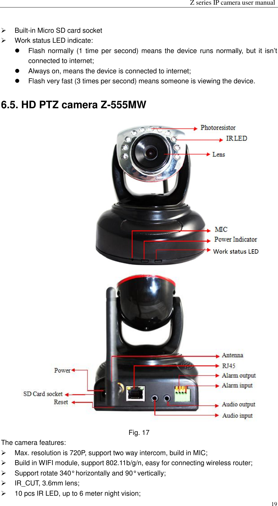                                                                 Z series IP camera user manual  19   Built-in Micro SD card socket     Work status LED indicate:   Flash normally (1 time per second)  means the device runs normally,  but it  isn’t connected to internet;     Always on, means the device is connected to internet;   Flash very fast (3 times per second) means someone is viewing the device. 6.5. HD PTZ camera Z-555MW                                                      Fig. 17 The camera features:   Max. resolution is 720P, support two way intercom, build in MIC;   Build in WIFI module, support 802.11b/g/n, easy for connecting wireless router;   Support rotate 340° horizontally and 90° vertically;   IR_CUT, 3.6mm lens;  10 pcs IR LED, up to 6 meter night vision; 