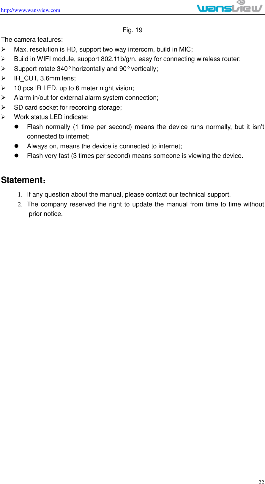http://www.wansview.com                                                                                                    22 Fig. 19 The camera features:   Max. resolution is HD, support two way intercom, build in MIC;   Build in WIFI module, support 802.11b/g/n, easy for connecting wireless router;   Support rotate 340° horizontally and 90° vertically;   IR_CUT, 3.6mm lens;   10 pcs IR LED, up to 6 meter night vision;   Alarm in/out for external alarm system connection;     SD card socket for recording storage;     Work status LED indicate:   Flash normally (1  time per second) means the device runs normally,  but  it  isn’t connected to internet;     Always on, means the device is connected to internet;   Flash very fast (3 times per second) means someone is viewing the device.  Statement： 1.  If any question about the manual, please contact our technical support. 2.  The company reserved the right to update the manual from time to time without prior notice.                             