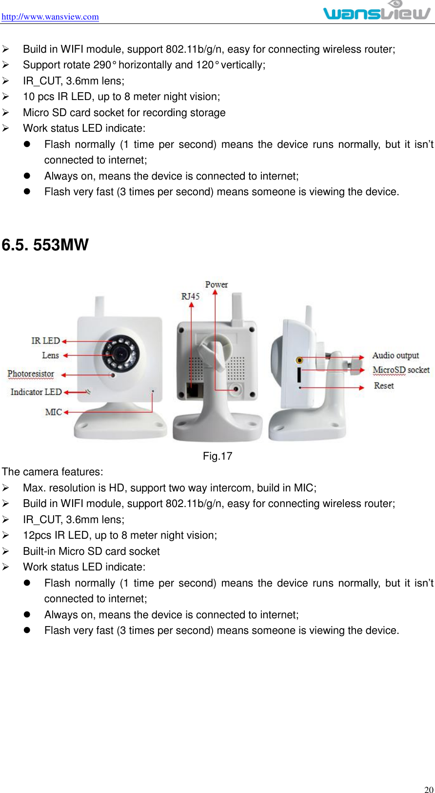 http://www.wansview.com                                                                                                    20   Build in WIFI module, support 802.11b/g/n, easy for connecting wireless router;   Support rotate 290° horizontally and 120° vertically;   IR_CUT, 3.6mm lens;   10 pcs IR LED, up to 8 meter night vision;   Micro SD card socket for recording storage   Work status LED indicate:   Flash normally (1 time  per  second) means the device runs normally,  but  it  isn’t connected to internet;     Always on, means the device is connected to internet;   Flash very fast (3 times per second) means someone is viewing the device.  6.5. 553MW  Fig.17 The camera features:   Max. resolution is HD, support two way intercom, build in MIC;   Build in WIFI module, support 802.11b/g/n, easy for connecting wireless router;   IR_CUT, 3.6mm lens;   12pcs IR LED, up to 8 meter night vision;   Built-in Micro SD card socket     Work status LED indicate:   Flash normally (1  time per second) means the device runs normally,  but  it  isn’t connected to internet;     Always on, means the device is connected to internet;   Flash very fast (3 times per second) means someone is viewing the device.        