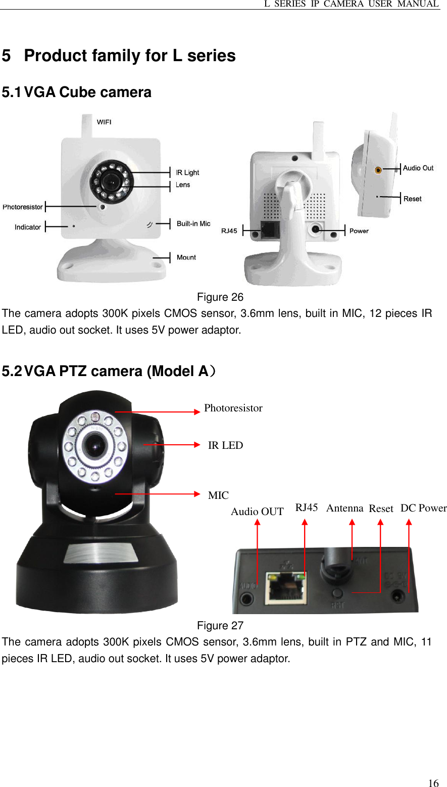 L  SERIES  IP  CAMERA  USER  MANUAL  16  5  Product family for L series 5.1 VGA Cube camera  Figure 26 The camera adopts 300K pixels CMOS sensor, 3.6mm lens, built in MIC, 12 pieces IR LED, audio out socket. It uses 5V power adaptor.  5.2 VGA PTZ camera (Model A）             Figure 27 The camera adopts 300K pixels CMOS sensor, 3.6mm lens, built in PTZ and MIC, 11 pieces IR LED, audio out socket. It uses 5V power adaptor.  Photoresistor IR LED MIC RJ45 DC Power Reset Antenna Audio OUT 