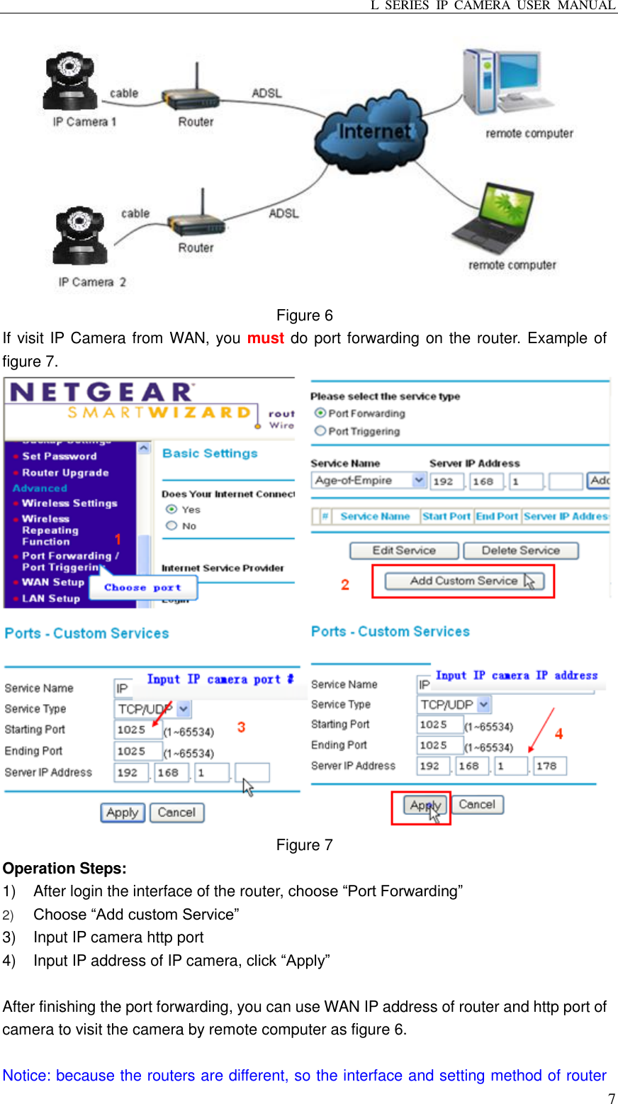 L  SERIES  IP  CAMERA  USER  MANUAL  7  Figure 6 If visit IP Camera from WAN, you must do port forwarding on the router. Example of figure 7.  Figure 7   Operation Steps: 1)  After login the interface of the router, choose “Port Forwarding” 2) Choose “Add custom Service”  3)  Input IP camera http port 4)  Input IP address of IP camera, click “Apply”  After finishing the port forwarding, you can use WAN IP address of router and http port of camera to visit the camera by remote computer as figure 6.      Notice: because the routers are different, so the interface and setting method of router 