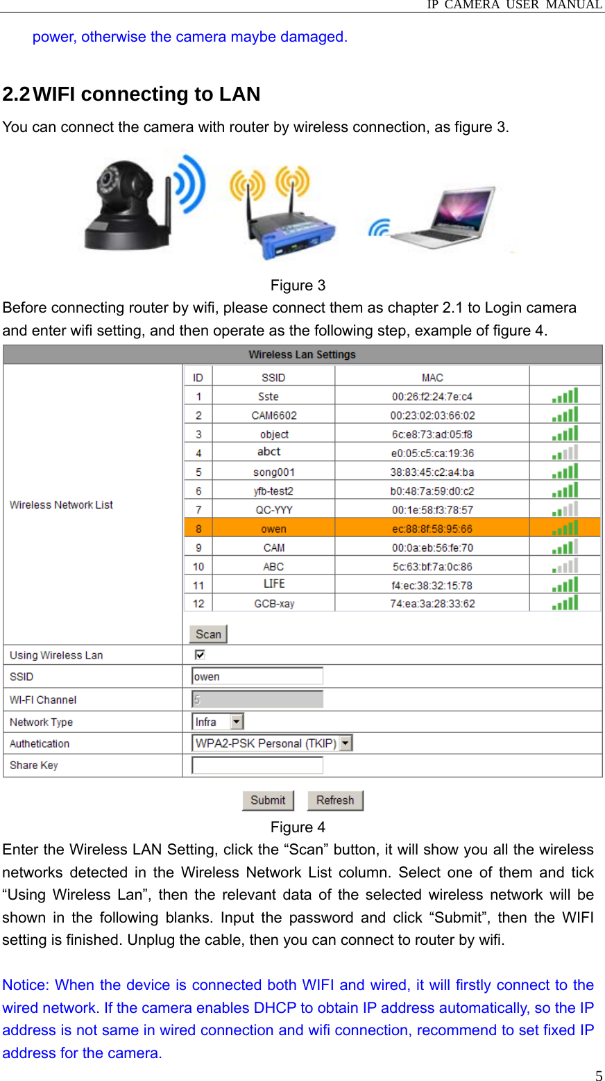  IP CAMERA USER MANUAL  5power, otherwise the camera maybe damaged.  2.2 WIFI connecting to LAN You can connect the camera with router by wireless connection, as figure 3.    Figure 3 Before connecting router by wifi, please connect them as chapter 2.1 to Login camera and enter wifi setting, and then operate as the following step, example of figure 4.  Figure 4 Enter the Wireless LAN Setting, click the “Scan” button, it will show you all the wireless networks detected in the Wireless Network List column. Select one of them and tick “Using Wireless Lan”, then the relevant data of the selected wireless network will be shown in the following blanks. Input the password and click “Submit”, then the WIFI setting is finished. Unplug the cable, then you can connect to router by wifi.  Notice: When the device is connected both WIFI and wired, it will firstly connect to the wired network. If the camera enables DHCP to obtain IP address automatically, so the IP address is not same in wired connection and wifi connection, recommend to set fixed IP address for the camera. 