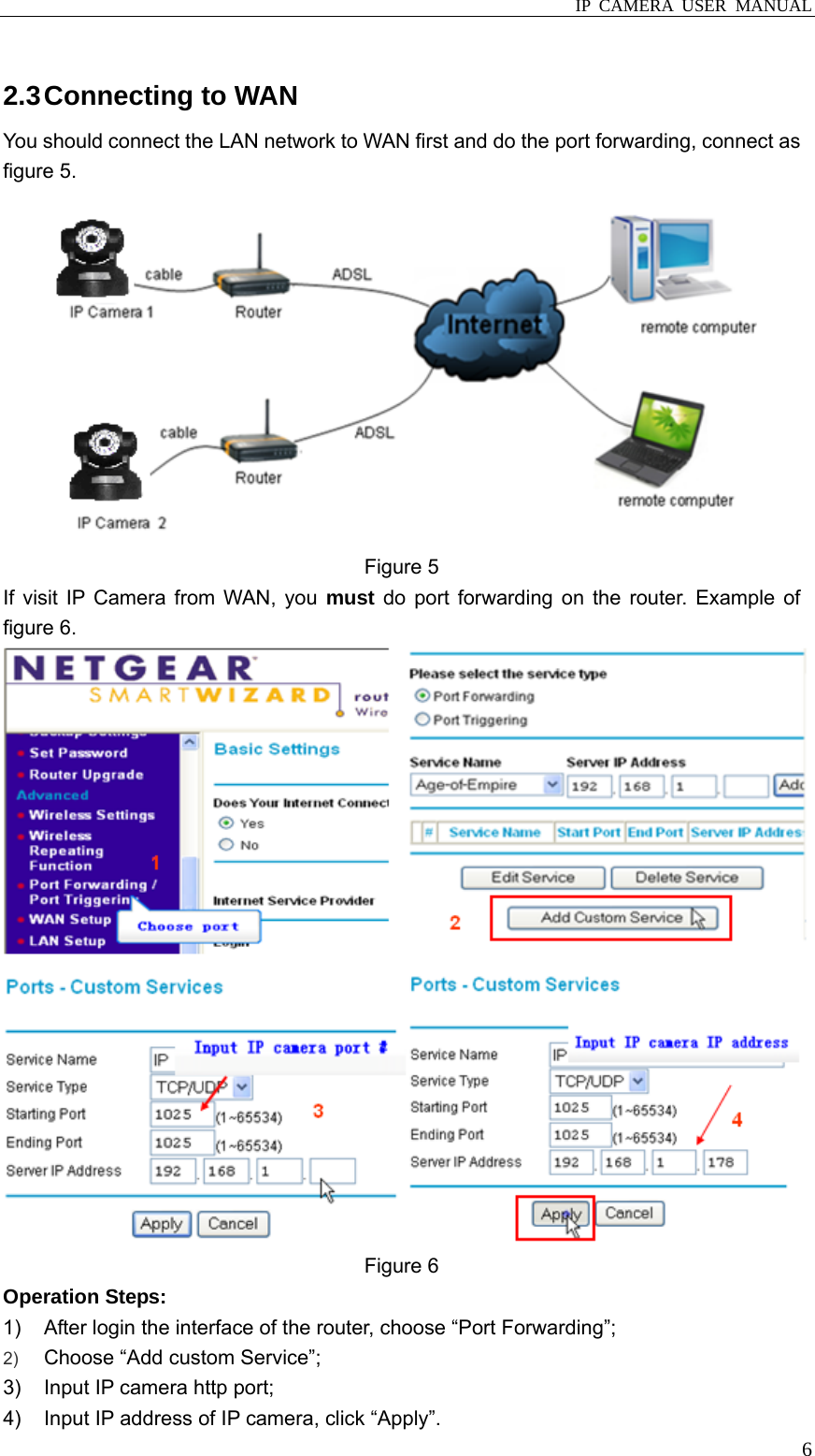  IP CAMERA USER MANUAL  6 2.3 Connecting to WAN You should connect the LAN network to WAN first and do the port forwarding, connect as figure 5.    Figure 5 If visit IP Camera from WAN, you must do port forwarding on the router. Example of figure 6.  Figure 6   Operation Steps: 1)  After login the interface of the router, choose “Port Forwarding”; 2)  Choose “Add custom Service”; 3)  Input IP camera http port; 4)  Input IP address of IP camera, click “Apply”. 