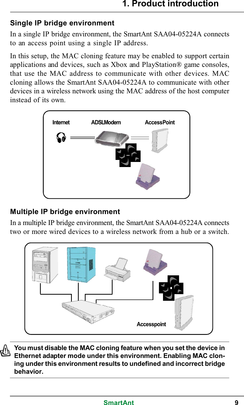 SmartAnt 9Multiple IP bridge environmentIn a multiple IP bridge environment, the SmartAnt SAA04-05224A connectstwo or more wired devices to a wireless network from a hub or a switch.Single IP bridge environmentIn a single IP bridge environment, the SmartAnt SAA04-05224A connectsto an access point using a single IP address.In this setup, the MAC cloning feature may be enabled to support certainapplications and devices, such as Xbox and PlayStation® game consoles,that use the MAC address to communicate with other devices. MACcloning allows the SmartAnt SAA04-05224A to communicate with otherdevices in a wireless network using the MAC address of the host computerinstead of its own.HubAccesspointYou must disable the MAC cloning feature when you set the device inEthernet adapter mode under this environment. Enabling MAC clon-ing under this environment results to undefined and incorrect bridgebehavior.1. Product introductionInternet ADSLModem AccessPoint