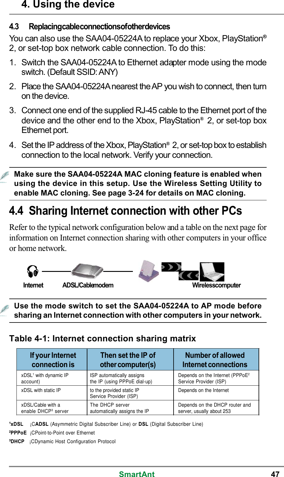 SmartAnt 474.3 ReplacingcableconnectionsofotherdevicesYou can also use the SAA04-05224A to replace your Xbox, PlayStation®2, or set-top box network cable connection. To do this:1. Switch the SAA04-05224A to Ethernet adapter mode using the modeswitch. (Default SSID: ANY)2. Place the SAA04-05224A nearest the AP you wish to connect, then turnon the device.3. Connect one end of the supplied RJ-45 cable to the Ethernet port of thedevice and the other end to the Xbox, PlayStation®2, or set-top boxEthernet port.4. Set the IP address of the Xbox, PlayStation®2, or set-top box to establishconnection to the local network. Verify your connection.Make sure the SAA04-05224A MAC cloning feature is enabled whenusing the device in this setup. Use the Wireless Setting Utility toenable MAC cloning. See page 3-24 for details on MAC cloning.4.4 Sharing Internet connection with other PCsRefer to the typical network configuration below and a table on the next page forinformation on Internet connection sharing with other computers in your officeor home network.WirelesscomputerInternetADSL/CablemodemUse the mode switch to set the SAA04-05224A to AP mode beforesharing an Internet connection with other computers in your network.Table 4-1: Internet connection sharing matrix1xDSL¡CADSL(Asymmetric Digital Subscriber Line) orDSL(Digital Subscriber Line)2PPPoE¡CPoint-to-Point over Ethernet3DHCP¡CDynamic Host Configuration ProtocolIf your Internet Then set the IP of Number of allowedconnection is other computer(s) Internet connectionsxDSL1with dynamic IP ISP automatically assigns Depends on the Internet (PPPoE2account) the IP (using PPPoE dial-up) Service Provider (ISP)xDSL with static IP to the provided static IP Depends on the InternetService Provider (ISP)xDSL/Cable with a The DHCP server Depends on the DHCP router andenable DHCP3server automatically assigns the IP server, usually about 2534. Using the device