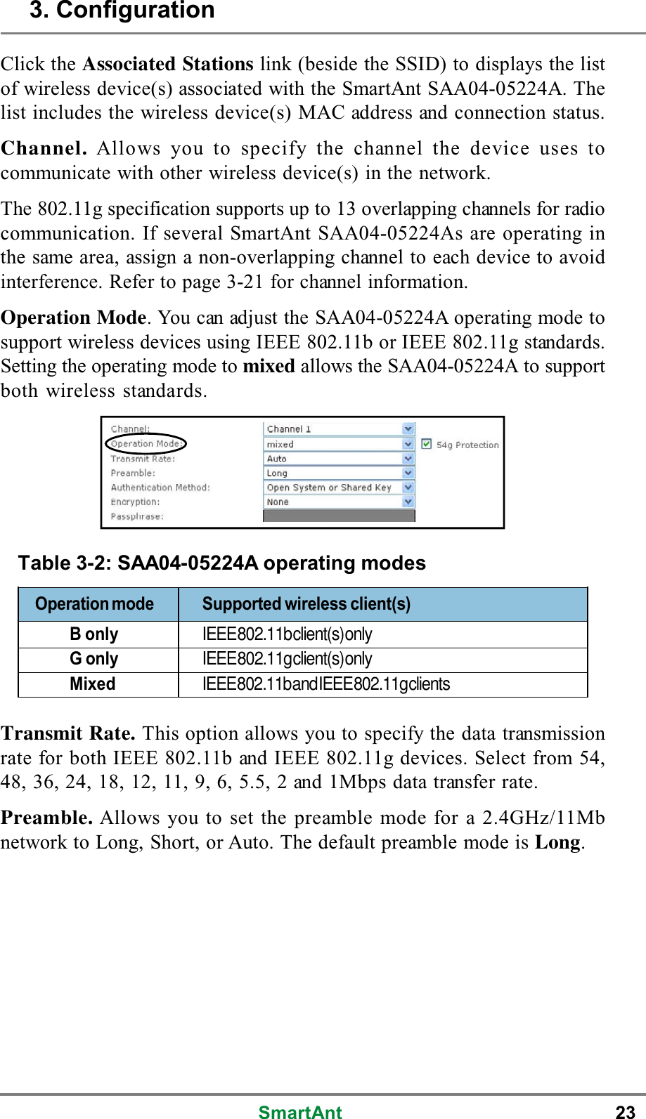 SmartAnt 23Click the Associated Stations link (beside the SSID) to displays the listof wireless device(s) associated with the SmartAnt SAA04-05224A. Thelist includes the wireless device(s) MAC address and connection status.Channel. Allows you to specify the channel the device uses tocommunicate with other wireless device(s) in the network.The 802.11g specification supports up to 13 overlapping channels for radiocommunication. If several SmartAnt SAA04-05224As are operating inthe same area, assign a non-overlapping channel to each device to avoidinterference. Refer to page 3-21 for channel information.Operation Mode. You can adjust the SAA04-05224A operating mode tosupport wireless devices using IEEE 802.11b or IEEE 802.11g standards.Setting the operating mode to mixed allows the SAA04-05224A to supportboth wireless standards.Transmit Rate. This option allows you to specify the data transmissionrate for both IEEE 802.11b and IEEE 802.11g devices. Select from 54,48, 36, 24, 18, 12, 11, 9, 6, 5.5, 2 and 1Mbps data transfer rate.Preamble. Allows you to set the preamble mode for a 2.4GHz/11Mbnetwork to Long, Short, or Auto. The default preamble mode is Long.Operation mode Supported wireless client(s)BonlyIEEE802.11bclient(s)onlyGonlyIEEE802.11gclient(s)onlyMixedIEEE802.11bandIEEE802.11gclientsTable 3-2: SAA04-05224A operating modes3. Configuration