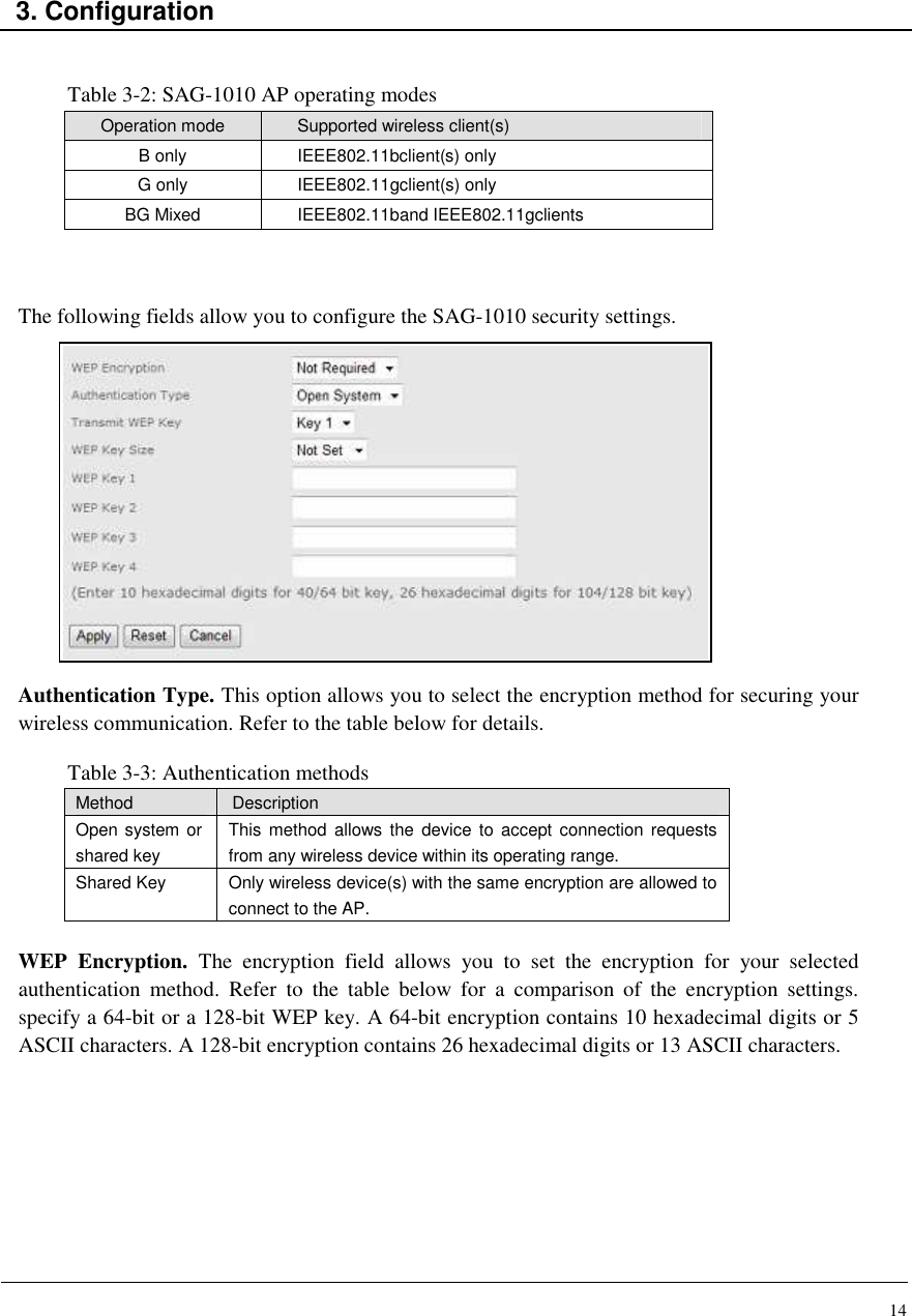 14    3. Configuration   Table 3-2: SAG-1010 AP operating modes Operation mode  Supported wireless client(s) B only  IEEE802.11bclient(s) only G only  IEEE802.11gclient(s) only BG Mixed  IEEE802.11band IEEE802.11gclients    The following fields allow you to configure the SAG-1010 security settings.               Authentication Type. This option allows you to select the encryption method for securing your wireless communication. Refer to the table below for details.  Table 3-3: Authentication methods Method  Description Open system or shared key This  method  allows  the  device  to  accept connection  requests from any wireless device within its operating range. Shared Key  Only wireless device(s) with the same encryption are allowed to connect to the AP.  WEP  Encryption.  The  encryption  field  allows  you  to  set  the  encryption  for  your  selected authentication  method.  Refer  to  the  table  below  for  a  comparison  of  the  encryption  settings. specify a 64-bit or a 128-bit WEP key. A 64-bit encryption contains 10 hexadecimal digits or 5 ASCII characters. A 128-bit encryption contains 26 hexadecimal digits or 13 ASCII characters.         