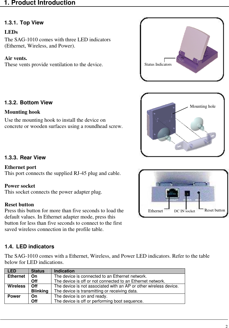 2    1. Product Introduction   1.3.1. Top View LEDs The SAG-1010 comes with three LED indicators  (Ethernet, Wireless, and Power).  Air vents.  These vents provide ventilation to the device.      1.3.2. Bottom View Mounting hook Use the mounting hook to install the device on  concrete or wooden surfaces using a roundhead screw.    1.3.3. Rear View Ethernet port This port connects the supplied RJ-45 plug and cable.  Power socket This socket connects the power adapter plug.  Reset button Press this button for more than five seconds to load the default values. In Ethernet adapter mode, press this  button for less than five seconds to connect to the first  saved wireless connection in the profile table.  1.4.  LED indicators The SAG-1010 comes with a Ethernet, Wireless, and Power LED indicators. Refer to the table below for LED indications.  LED  Status  Indication Ethernet On Off  The device is connected to an Ethernet network. The device is off or not connected to an Ethernet network. Wireless Off Blinking The device is not associated with an AP or other wireless device. The device is transmitting or receiving data. Power  On Off  The device is on and ready. The device is off or performing boot sequence.   Ethernet DC IN socket Reset button Status Indicators Mounting hole 