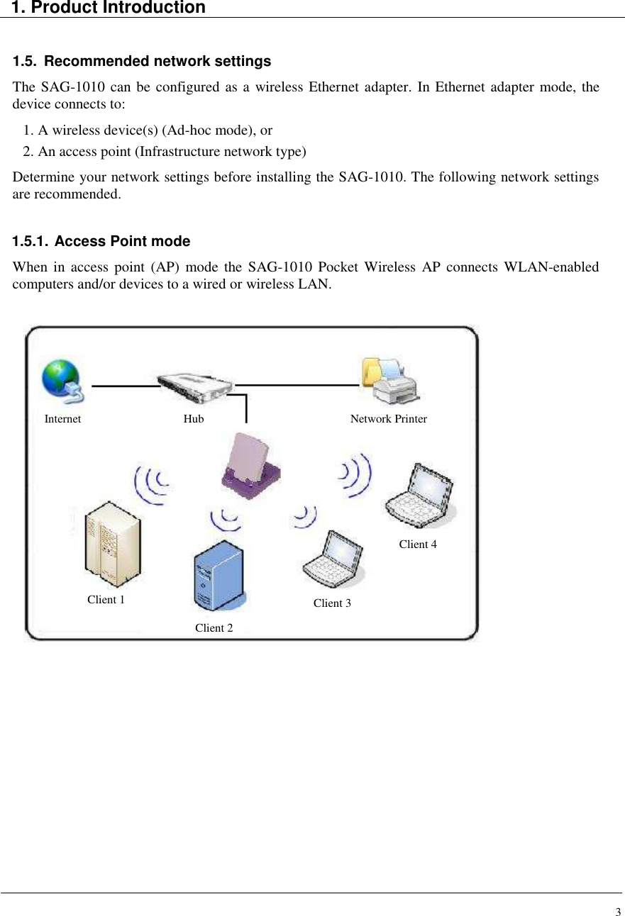 3   1. Product Introduction   1.5.  Recommended network settings The SAG-1010 can be configured as a wireless Ethernet adapter. In Ethernet adapter mode, the device connects to: 1. A wireless device(s) (Ad-hoc mode), or 2. An access point (Infrastructure network type) Determine your network settings before installing the SAG-1010. The following network settings are recommended.  1.5.1. Access Point mode When in  access point  (AP)  mode  the  SAG-1010  Pocket Wireless  AP  connects WLAN-enabled computers and/or devices to a wired or wireless LAN.                                  Internet Hub Network Printer Client 1 Client 2 Client 3 Client 4 