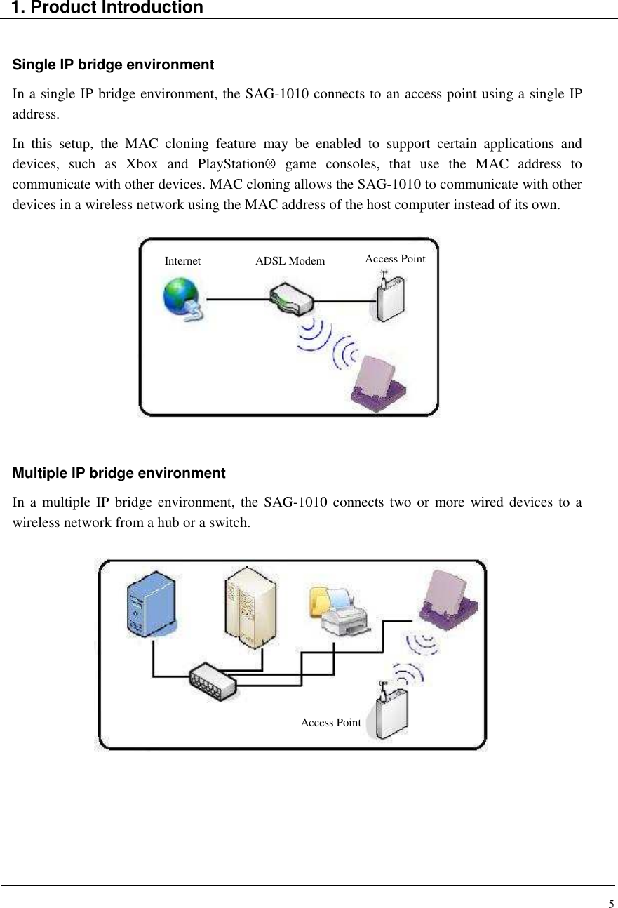 5   1. Product Introduction   Single IP bridge environment In a single IP bridge environment, the SAG-1010 connects to an access point using a single IP address.  In  this  setup,  the  MAC  cloning  feature  may  be  enabled  to  support  certain  applications  and devices,  such  as  Xbox  and  PlayStation®  game  consoles,  that  use  the  MAC  address  to communicate with other devices. MAC cloning allows the SAG-1010 to communicate with other devices in a wireless network using the MAC address of the host computer instead of its own.               Multiple IP bridge environment In a  multiple IP bridge environment, the SAG-1010 connects two or more  wired  devices to a wireless network from a hub or a switch.                     Access Point Internet ADSL Modem  Access Point 