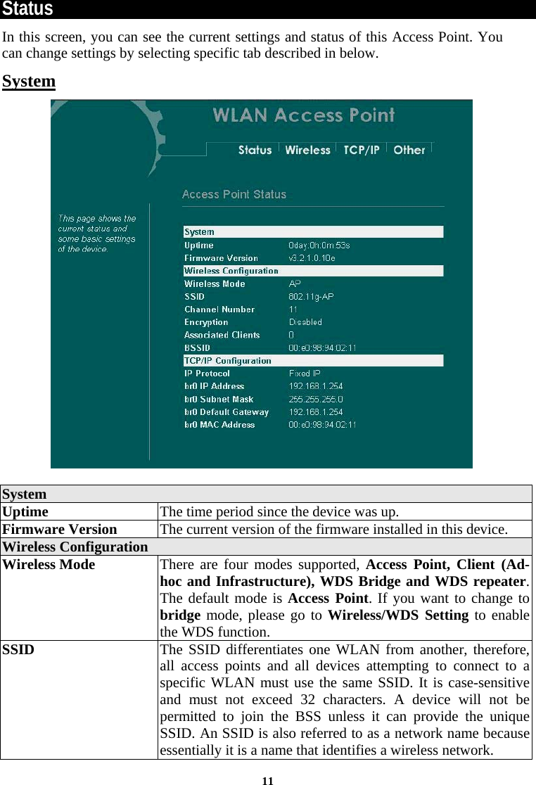 Status  In this screen, you can see the current settings and status of this Access Point. You can change settings by selecting specific tab described in below.  System   System Uptime  The time period since the device was up. Firmware Version  The current version of the firmware installed in this device.  Wireless Configuration Wireless Mode  There are four modes supported, Access Point, Client (Ad-hoc and Infrastructure), WDS Bridge and WDS repeater. The default mode is Access Point. If you want to change to bridge mode, please go to Wireless/WDS Setting to enable the WDS function.  SSID  The SSID differentiates one WLAN from another, therefore, all access points and all devices attempting to connect to a specific WLAN must use the same SSID. It is case-sensitive and must not exceed 32 characters. A device will not be permitted to join the BSS unless it can provide the unique SSID. An SSID is also referred to as a network name because essentially it is a name that identifies a wireless network.  11