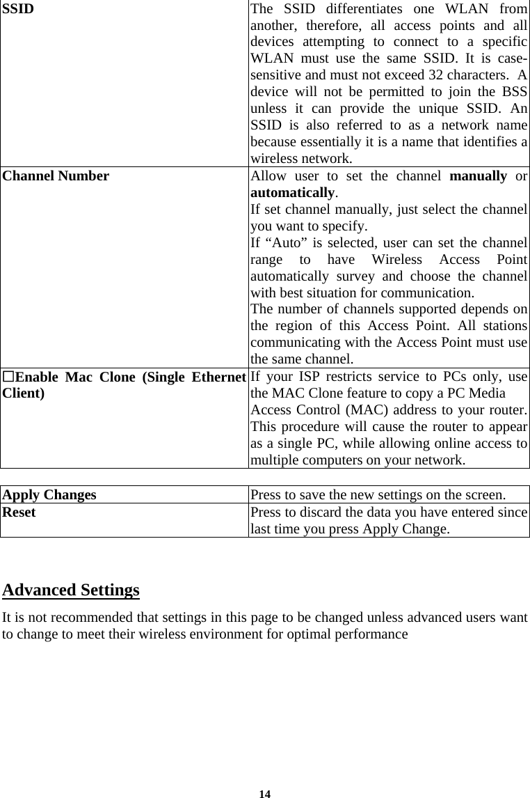 14SSID The SSID differentiates one WLAN from another, therefore, all access points and all devices attempting to connect to a specific WLAN must use the same SSID. It is case-sensitive and must not exceed 32 characters.  A device will not be permitted to join the BSS unless it can provide the unique SSID. An SSID is also referred to as a network name because essentially it is a name that identifies a wireless network. Channel Number Allow user to set the channel manually or automatically. If set channel manually, just select the channel you want to specify. If “Auto” is selected, user can set the channel range to have Wireless Access Point automatically survey and choose the channel with best situation for communication. The number of channels supported depends on the region of this Access Point. All stations communicating with the Access Point must use the same channel. Enable Mac Clone (Single Ethernet Client)  If your ISP restricts service to PCs only, use the MAC Clone feature to copy a PC Media Access Control (MAC) address to your router. This procedure will cause the router to appear as a single PC, while allowing online access to multiple computers on your network.  Apply Changes  Press to save the new settings on the screen.   Reset  Press to discard the data you have entered since last time you press Apply Change.    Advanced Settings It is not recommended that settings in this page to be changed unless advanced users want to change to meet their wireless environment for optimal performance  