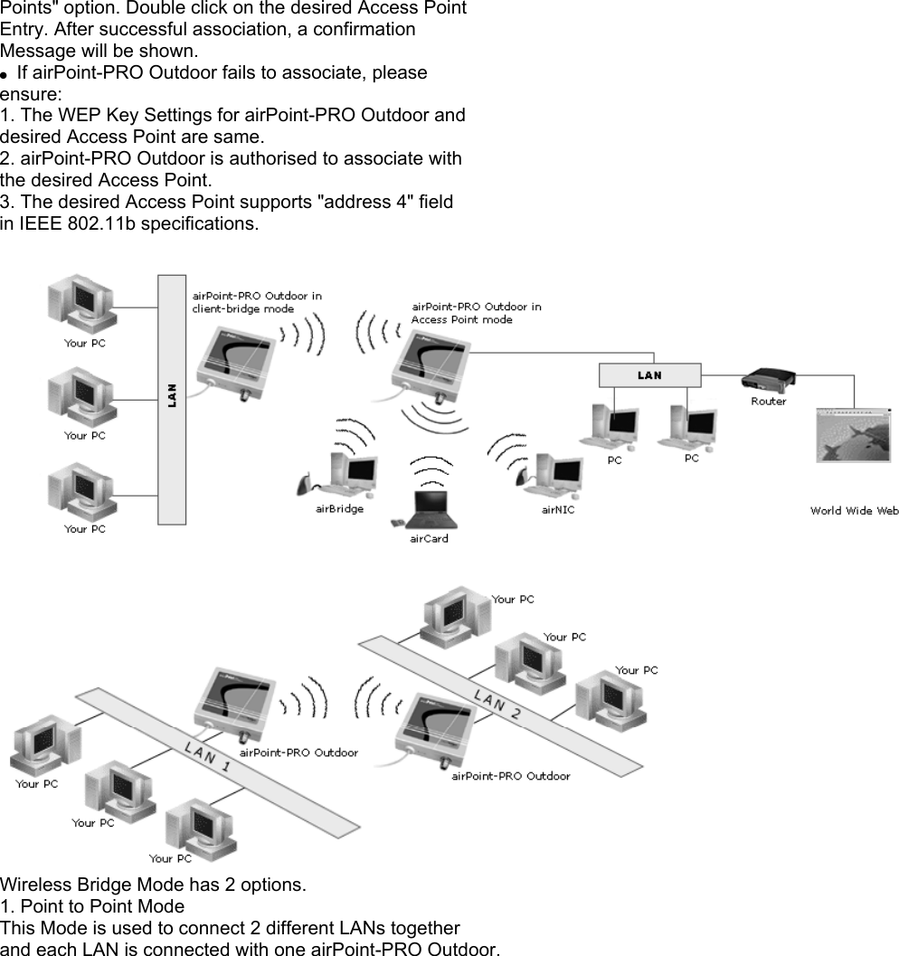 Points" option. Double click on the desired Access Point Entry. After successful association, a confirmation Message will be shown. If airPoint-PRO Outdoor fails to associate, please ensure: 1. The WEP Key Settings for airPoint-PRO Outdoor and desired Access Point are same. 2. airPoint-PRO Outdoor is authorised to associate with the desired Access Point. 3. The desired Access Point supports "address 4" field in IEEE 802.11b specifications. Wireless Bridge Mode has 2 options. 1. Point to Point Mode This Mode is used to connect 2 different LANs together and each LAN is connected with one airPoint-PRO Outdoor.