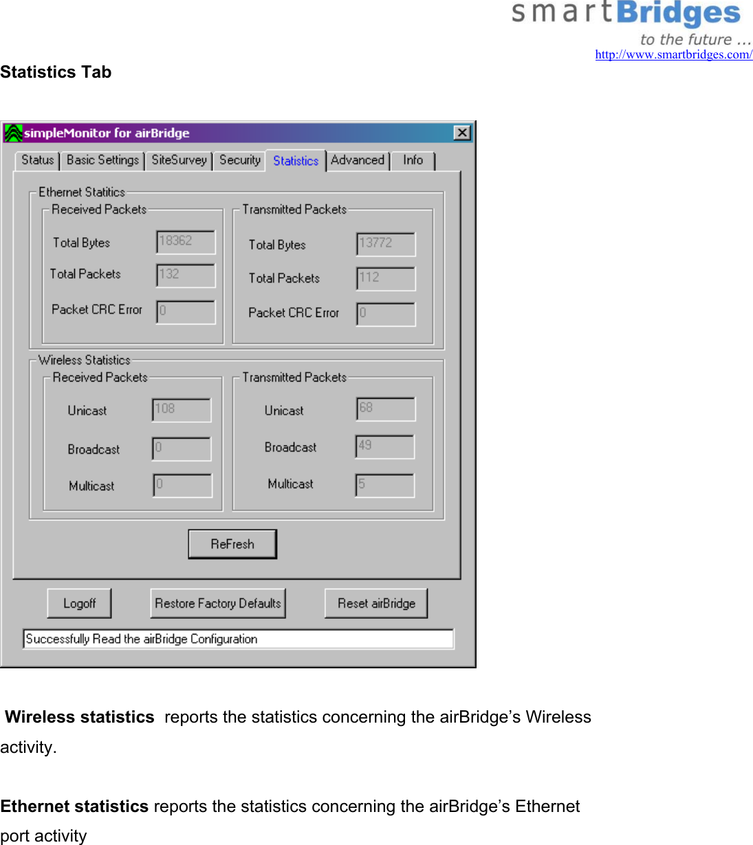   http://www.smartbridges.com/ Statistics Tab     Wireless statistics  reports the statistics concerning the airBridge’s Wireless activity.   Ethernet statistics reports the statistics concerning the airBridge’s Ethernet port activity   