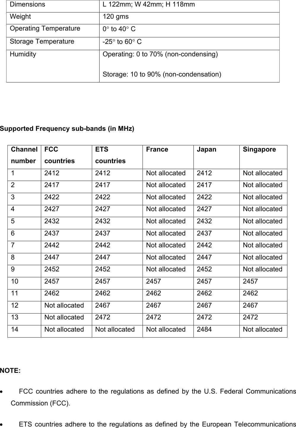             Supported Frequency sub-bands (in MHz) Channel number  FCC countries  ETS countries  France  Japan  Singapore  1  2412  2412  Not allocated  2412  Not allocated 2  2417  2417  Not allocated  2417  Not allocated 3  2422  2422  Not allocated  2422  Not allocated 4  2427  2427  Not allocated  2427  Not allocated 5  2432  2432  Not allocated  2432  Not allocated 6  2437  2437  Not allocated  2437  Not allocated 7  2442  2442  Not allocated  2442  Not allocated 8  2447  2447  Not allocated  2447  Not allocated 9  2452  2452  Not allocated  2452  Not allocated 10  2457  2457  2457  2457  2457  11  2462  2462  2462  2462  2462  12  Not allocated  2467  2467  2467  2467  13  Not allocated  2472  2472  2472  2472  14  Not allocated  Not allocated  Not allocated  2484  Not allocated   NOTE:  •          FCC countries adhere to the regulations as defined by the U.S. Federal Communications Commission (FCC).  •          ETS countries adhere to the regulations as defined by the European Telecommunications Dimensions  L 122mm; W 42mm; H 118mm  Weight  120 gms  Operating Temperature  0° to 40° C  Storage Temperature  -25° to 60° C  Humidity  Operating: 0 to 70% (non-condensing)  Storage: 10 to 90% (non-condensation)  