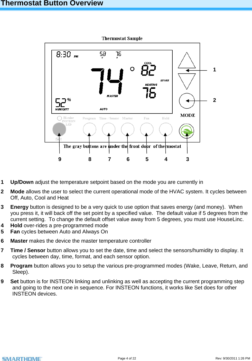                                                                                                                                   Page 4 of 22                                                                                         Rev: 9/30/2011 1:26 PM  Thermostat Button Overview                   1 Up/Down adjust the temperature setpoint based on the mode you are currently in 2 Mode allows the user to select the current operational mode of the HVAC system. It cycles between Off, Auto, Cool and Heat 3 Energy button is designed to be a very quick to use option that saves energy (and money).  When you press it, it will back off the set point by a specified value.  The default value if 5 degrees from the current setting.  To change the default offset value away from 5 degrees, you must use HouseLinc. 4 Hold over-rides a pre-programmed mode 5 Fan cycles between Auto and Always On  6 Master makes the device the master temperature controller 7  Time / Sensor button allows you to set the date, time and select the sensors/humidity to display. It cycles between day, time, format, and each sensor option. 8 Program button allows you to setup the various pre-programmed modes (Wake, Leave, Return, and Sleep).  9 Set button is for INSTEON linking and unlinking as well as accepting the current programming step and going to the next one in sequence. For INSTEON functions, it works like Set does for other INSTEON devices. 2 1 4 5 6 7 8 9  3 