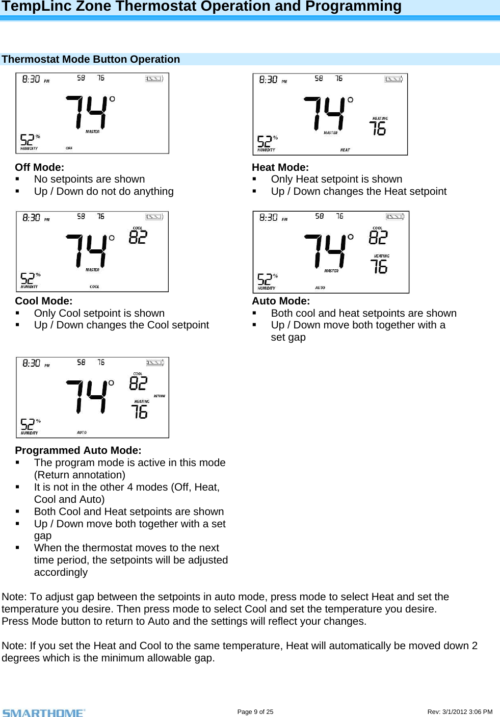                                                                                                                                   Page 9 of 25                                                                                       Rev: 3/1/2012 3:06 PM  TempLinc Zone Thermostat Operation and Programming   Thermostat Mode Button Operation   Off Mode:   No setpoints are shown   Up / Down do not do anything  Heat Mode:   Only Heat setpoint is shown   Up / Down changes the Heat setpoint    Cool Mode:   Only Cool setpoint is shown   Up / Down changes the Cool setpoint  Auto Mode:   Both cool and heat setpoints are shown   Up / Down move both together with a set gap    Programmed Auto Mode:   The program mode is active in this mode (Return annotation)   It is not in the other 4 modes (Off, Heat, Cool and Auto)   Both Cool and Heat setpoints are shown   Up / Down move both together with a set gap   When the thermostat moves to the next time period, the setpoints will be adjusted accordingly   Note: To adjust gap between the setpoints in auto mode, press mode to select Heat and set the temperature you desire. Then press mode to select Cool and set the temperature you desire.  Press Mode button to return to Auto and the settings will reflect your changes.   Note: If you set the Heat and Cool to the same temperature, Heat will automatically be moved down 2 degrees which is the minimum allowable gap. 