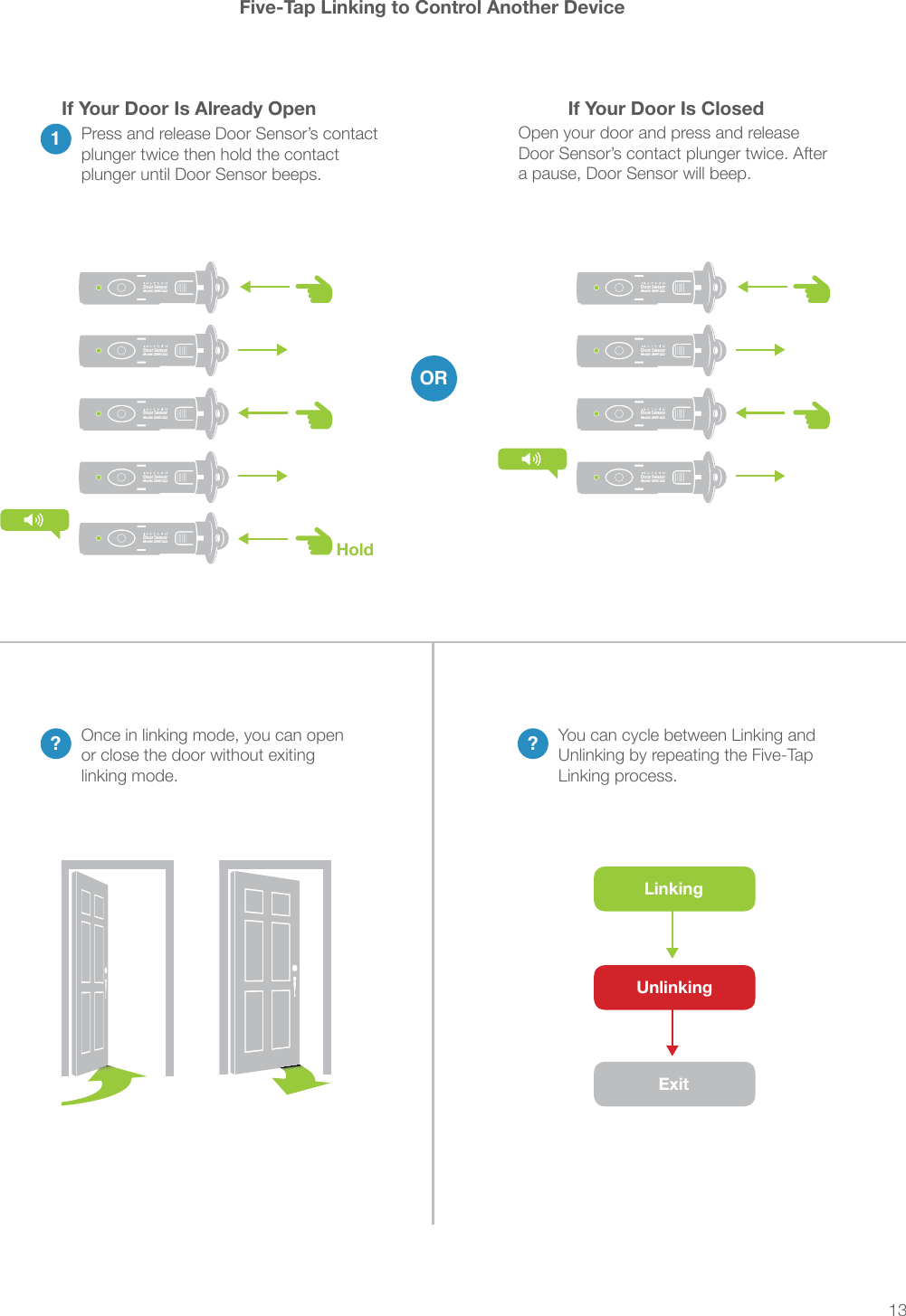 13Five-Tap Linking to Control Another DeviceIf Your Door Is Already Open If Your Door Is Closed??1ORor close the door without exiting linking mode.Linking process.Press and release Door Sensor’s contact plunger twice then hold the contact HoldLinkingUnlinkingExit®Door SensorModel: 2845-222®Door SensorModel: 2845-222®Door SensorModel: 2845-222®Door SensorModel: 2845-222®Door SensorModel: 2845-222®Door SensorModel: 2845-222®Door SensorModel: 2845-222®Door SensorModel: 2845-222®Door SensorModel: 2845-222