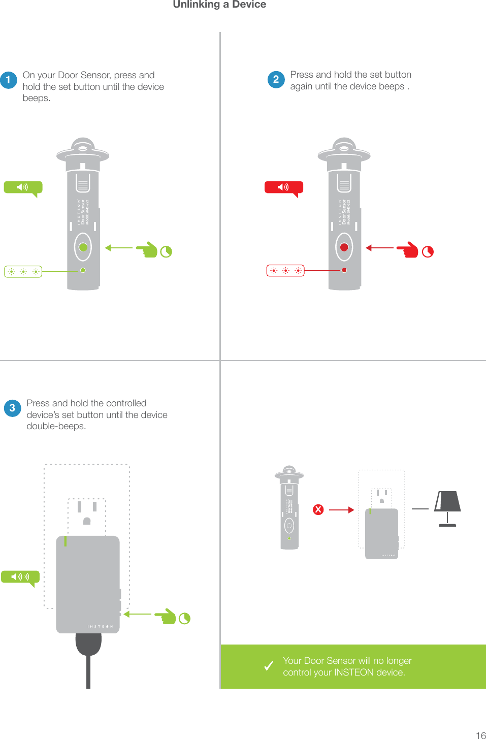 16®Door SensorModel: 2845-222®Door SensorModel: 2845-222Unlinking a Device 123Press and hold the controlled ®®XYour Door Sensor will no longer ®Door SensorModel: 2845-222