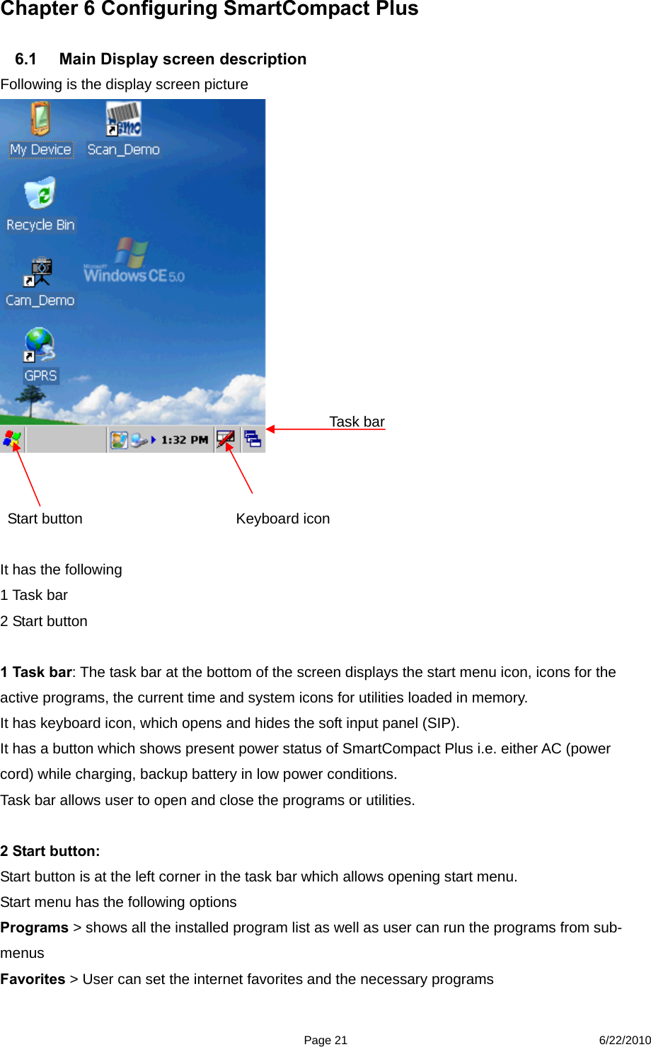  Page 21 6/22/2010 Chapter 6 Configuring SmartCompact Plus  6.1  Main Display screen description Following is the display screen picture       Start button       Keyboard icon  It has the following   1 Task bar 2 Start button    1 Task bar: The task bar at the bottom of the screen displays the start menu icon, icons for the active programs, the current time and system icons for utilities loaded in memory.   It has keyboard icon, which opens and hides the soft input panel (SIP).   It has a button which shows present power status of SmartCompact Plus i.e. either AC (power cord) while charging, backup battery in low power conditions.   Task bar allows user to open and close the programs or utilities.  2 Start button:   Start button is at the left corner in the task bar which allows opening start menu. Start menu has the following options   Programs &gt; shows all the installed program list as well as user can run the programs from sub-menus Favorites &gt; User can set the internet favorites and the necessary programs   Task bar 