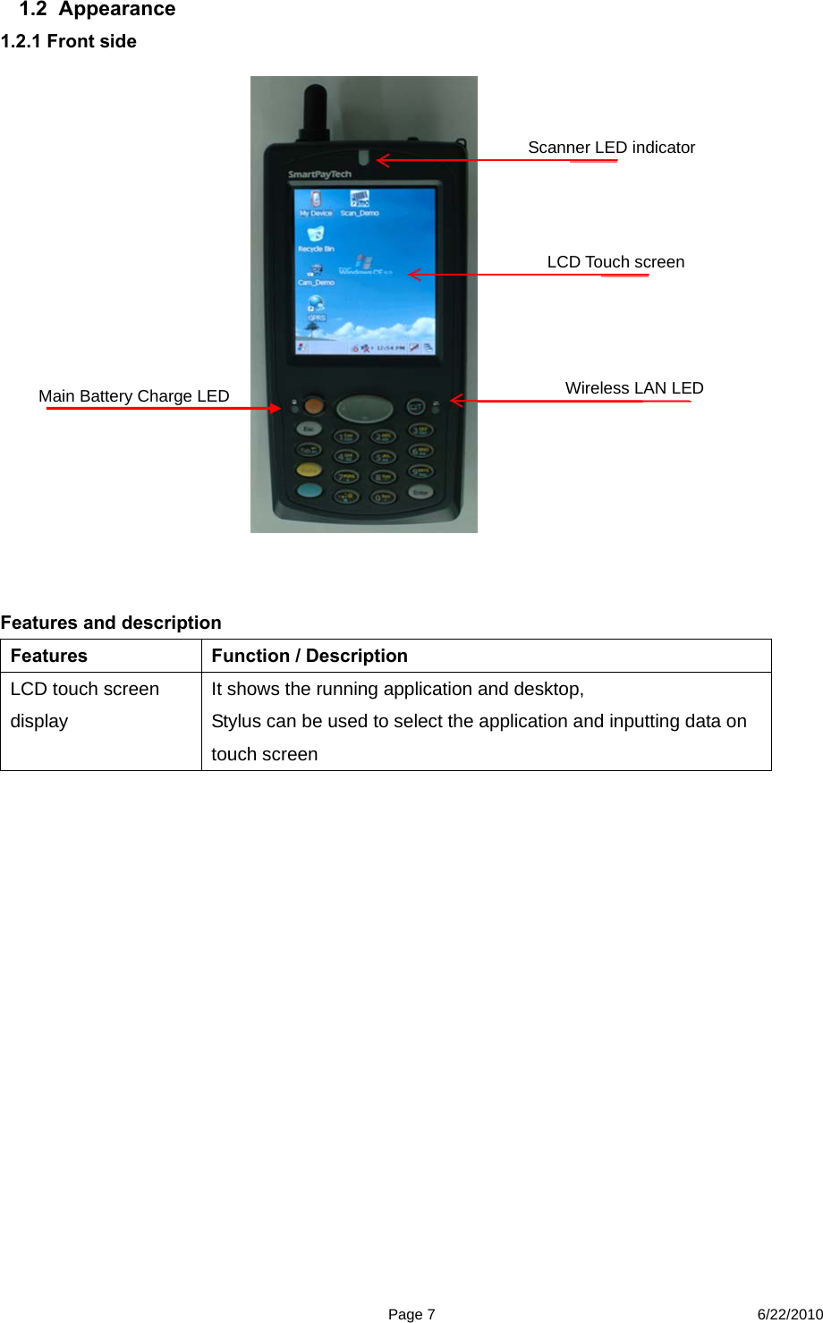 Page 7 6/22/2010 1.2  Appearance  1.2.1 Front side    Features and description Features  Function / Description LCD touch screen display  It shows the running application and desktop,   Stylus can be used to select the application and inputting data on touch screen               LCD Touch screen Wireless LAN LED  Scanner LED indicator Main Battery Charge LED 