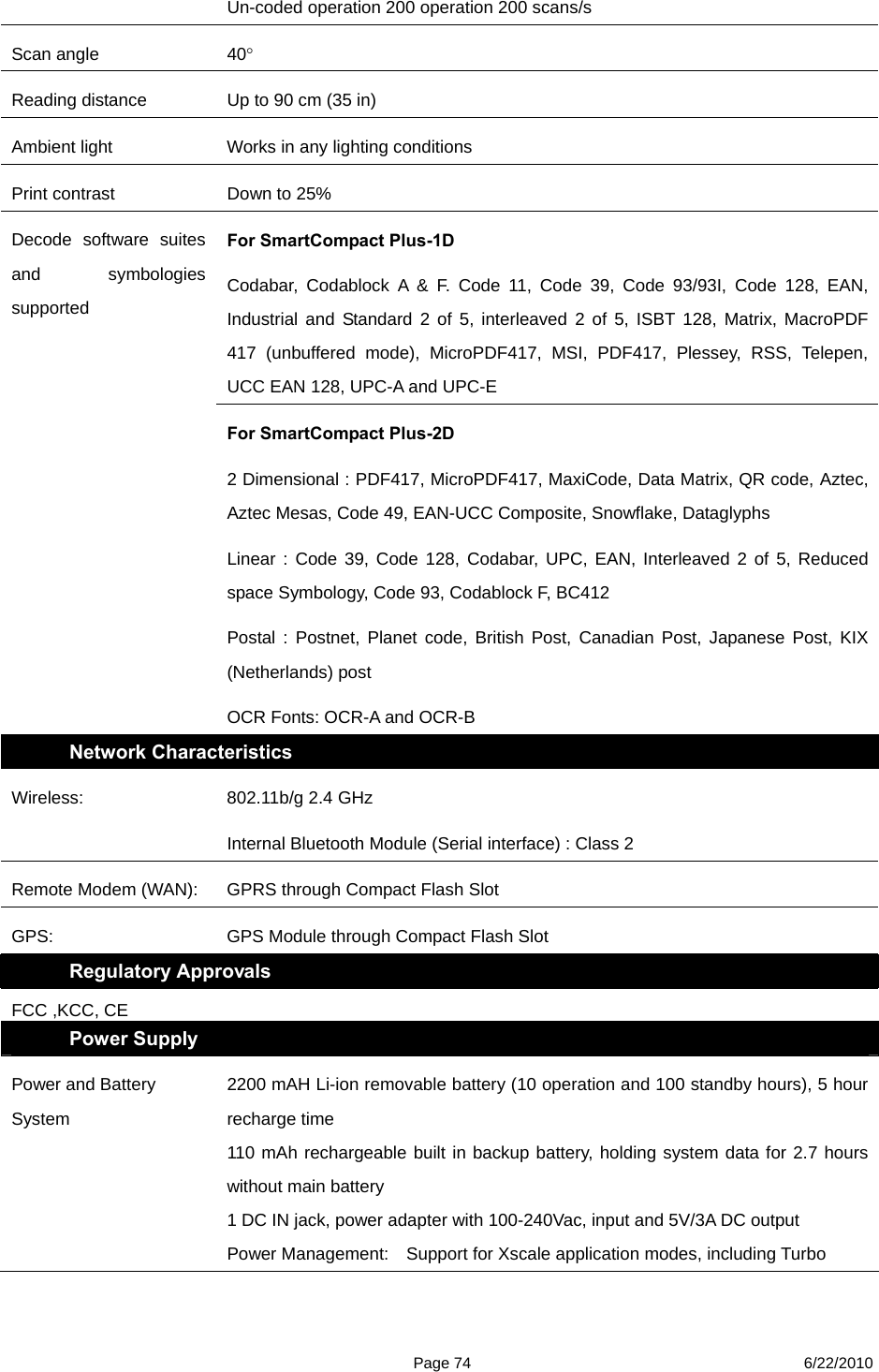  Page 74 6/22/2010 Un-coded operation 200 operation 200 scans/s Scan angle  40 Reading distance  Up to 90 cm (35 in) Ambient light    Works in any lighting conditions Print contrast  Down to 25% For SmartCompact Plus-1D Codabar, Codablock A &amp; F. Code 11, Code 39, Code 93/93I, Code 128, EAN, Industrial and Standard 2 of 5, interleaved 2 of 5, ISBT 128, Matrix, MacroPDF 417 (unbuffered mode), MicroPDF417, MSI, PDF417, Plessey, RSS, Telepen, UCC EAN 128, UPC-A and UPC-E     Decode software suites and symbologies supported  For SmartCompact Plus-2D 2 Dimensional : PDF417, MicroPDF417, MaxiCode, Data Matrix, QR code, Aztec, Aztec Mesas, Code 49, EAN-UCC Composite, Snowflake, Dataglyphs Linear : Code 39, Code 128, Codabar, UPC, EAN, Interleaved 2 of 5, Reduced space Symbology, Code 93, Codablock F, BC412 Postal : Postnet, Planet code, British Post, Canadian Post, Japanese Post, KIX (Netherlands) post OCR Fonts: OCR-A and OCR-B Network Characteristics Wireless:  802.11b/g 2.4 GHz   Internal Bluetooth Module (Serial interface) : Class 2   Remote Modem (WAN):  GPRS through Compact Flash Slot GPS:  GPS Module through Compact Flash Slot Regulatory Approvals FCC ,KCC, CE Power Supply   Power and Battery System 2200 mAH Li-ion removable battery (10 operation and 100 standby hours), 5 hour recharge time 110 mAh rechargeable built in backup battery, holding system data for 2.7 hours without main battery 1 DC IN jack, power adapter with 100-240Vac, input and 5V/3A DC output Power Management:    Support for Xscale application modes, including Turbo 