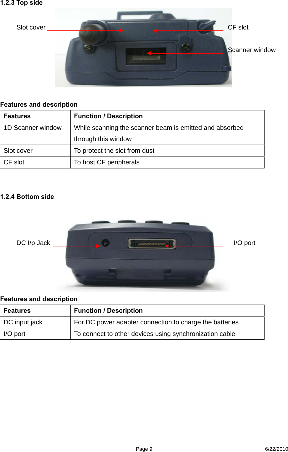  Page 9 6/22/2010  1.2.3 Top side   Features and description Features  Function / Description 1D Scanner window  While scanning the scanner beam is emitted and absorbed through this window Slot cover  To protect the slot from dust   CF slot    To host CF peripherals     1.2.4 Bottom side  Features and description Features  Function / Description DC input jack  For DC power adapter connection to charge the batteries I/O port  To connect to other devices using synchronization cable   Scanner window CF slot   I/O port DC I/p Jack Slot cover 