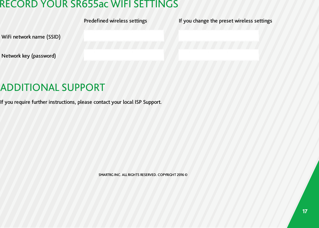 RECORD YOUR SR655ac WIFI SETTINGSPredefined wireless settings If you change the preset wireless settingsWiFi network name (SSID)Network key (password)ADDITIONAL SUPPORTIf you require further instructions, please contact your local ISP Support.SMARTRG INC. ALL RIGHTS RESERVED. COPYRIGHT 2016 ©17