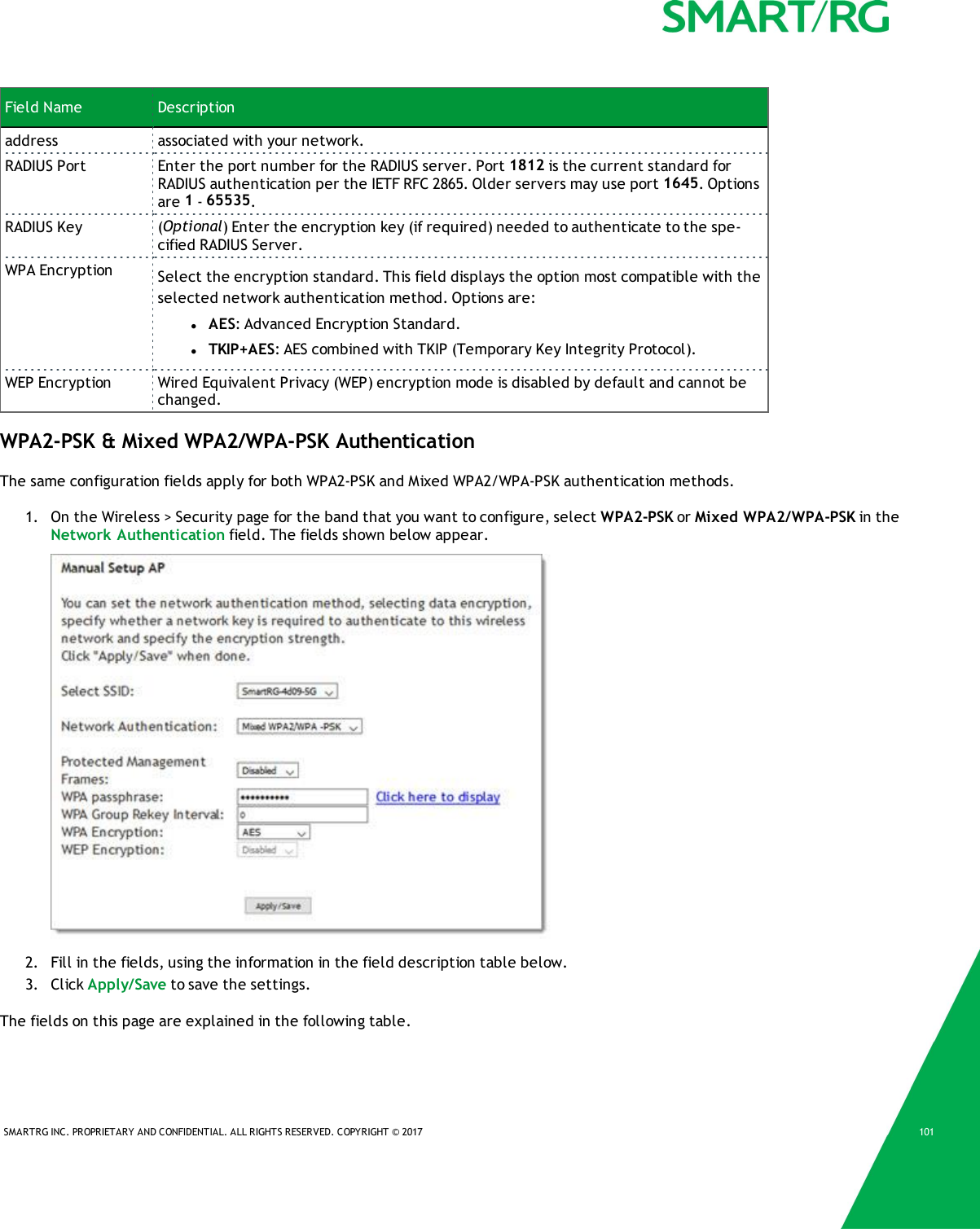 SMARTRG INC. PROPRIETARY AND CONFIDENTIAL. ALL RIGHTS RESERVED. COPYRIGHT &copy; 2017 101Field Name Descriptionaddress associated with your network.RADIUS Port Enter the port number for the RADIUS server. Port 1812 is the current standard forRADIUS authentication per the IETF RFC 2865. Older servers may use port 1645. Optionsare 1-65535.RADIUS Key (Optional) Enter the encryption key (if required) needed to authenticate to the spe-cified RADIUS Server.WPA Encryption Select the encryption standard. This field displays the option most compatible with theselected network authentication method. Options are:lAES: Advanced Encryption Standard.lTKIP+AES: AES combined with TKIP (Temporary Key Integrity Protocol).WEP Encryption Wired Equivalent Privacy (WEP) encryption mode is disabled by default and cannot bechanged.WPA2-PSK &amp; Mixed WPA2/WPA-PSK AuthenticationThe same configuration fields apply for both WPA2-PSK and Mixed WPA2/WPA-PSK authentication methods.1. On the Wireless > Security page for the band that you want to configure, select WPA2-PSK or Mixed WPA2/WPA-PSK in theNetwork Authentication field. The fields shown below appear.2. Fill in the fields, using the information in the field description table below.3. Click Apply/Save to save the settings.The fields on this page are explained in the following table.