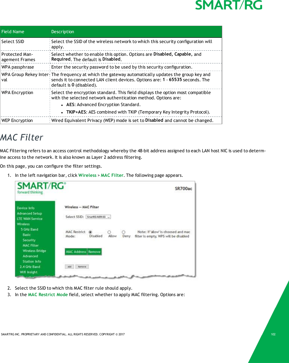 SMARTRG INC. PROPRIETARY AND CONFIDENTIAL. ALL RIGHTS RESERVED. COPYRIGHT &copy; 2017 102Field Name DescriptionSelect SSID Select the SSID of the wireless network to which this security configuration willapply.Protected Man-agement FramesSelect whether to enable this option. Options are Disabled, Capable, andRequired. The default is Disabled.WPA passphrase Enter the security password to be used by this security configuration.WPA Group Rekey Inter-valThe frequency at which the gateway automatically updates the group key andsends it to connected LAN client devices. Options are: 1-65535 seconds. Thedefault is 0(disabled).WPA Encryption Select the encryption standard. This field displays the option most compatiblewith the selected network authentication method. Options are:lAES: Advanced Encryption Standard.lTKIP+AES: AES combined with TKIP (Temporary Key Integrity Protocol).WEP Encryption Wired Equivalent Privacy (WEP) mode is set to Disabled and cannot be changed.MAC FilterMAC Filtering refers to an access control methodology whereby the 48-bit address assigned to each LAN host NIC is used to determ-ine access to the network. It is also known as Layer 2 address filtering.On this page, you can configure the filter settings.1. In the left navigation bar, click Wireless >MAC Filter. The following page appears.2. Select the SSID to which this MAC filter rule should apply.3. In the MAC Restrict Mode field, select whether to apply MAC filtering. Options are: