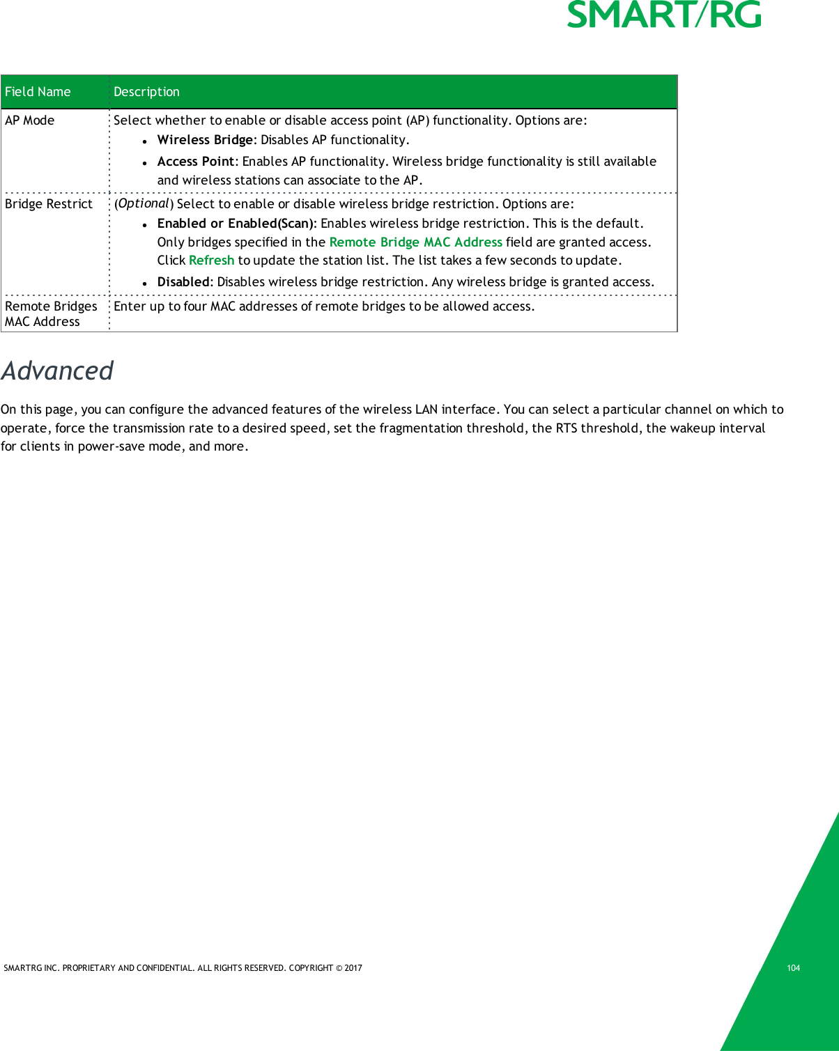 SMARTRG INC. PROPRIETARY AND CONFIDENTIAL. ALL RIGHTS RESERVED. COPYRIGHT &copy; 2017 104Field Name DescriptionAP Mode Select whether to enable or disable access point (AP) functionality. Options are:lWireless Bridge: Disables AP functionality.lAccess Point: Enables AP functionality. Wireless bridge functionality is still availableand wireless stations can associate to the AP.Bridge Restrict (Optional) Select to enable or disable wireless bridge restriction. Options are:lEnabled or Enabled(Scan): Enables wireless bridge restriction. This is the default.Only bridges specified in the Remote Bridge MAC Address field are granted access.Click Refresh to update the station list. The list takes a few seconds to update.lDisabled: Disables wireless bridge restriction. Any wireless bridge is granted access.Remote BridgesMAC AddressEnter up to four MAC addresses of remote bridges to be allowed access.AdvancedOn this page, you can configure the advanced features of the wireless LAN interface. You can select a particular channel on which tooperate, force the transmission rate to a desired speed, set the fragmentation threshold, the RTS threshold, the wakeup intervalfor clients in power-save mode, and more.