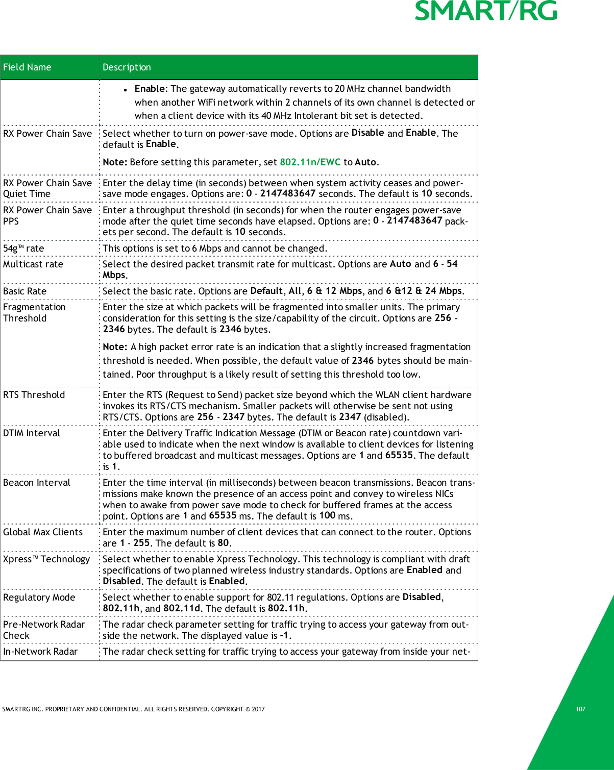 SMARTRG INC. PROPRIETARY AND CONFIDENTIAL. ALL RIGHTS RESERVED. COPYRIGHT &copy; 2017 107Field Name DescriptionlEnable: The gateway automatically reverts to 20 MHz channel bandwidthwhen another WiFi network within 2 channels of its own channel is detected orwhen a client device with its 40 MHz Intolerant bit set is detected.RX Power Chain Save Select whether to turn on power-save mode. Options are Disable and Enable. Thedefault is Enable.Note: Before setting this parameter, set 802.11n/EWC to Auto.RX Power Chain SaveQuiet TimeEnter the delay time (in seconds) between when system activity ceases and power-save mode engages. Options are: 0-2147483647 seconds. The default is 10 seconds.RX Power Chain SavePPSEnter a throughput threshold (in seconds) for when the router engages power-savemode after the quiet time seconds have elapsed. Options are: 0-2147483647 pack-ets per second. The default is 10 seconds.54g&trade; rate This options is set to 6 Mbps and cannot be changed.Multicast rate Select the desired packet transmit rate for multicast. Options are Auto and 6-54Mbps.Basic Rate Select the basic rate. Options are Default,All,6 &amp; 12 Mbps, and 6 &amp;12 &amp; 24 Mbps.FragmentationThresholdEnter the size at which packets will be fragmented into smaller units. The primaryconsideration for this setting is the size/capability of the circuit. Options are 256 -2346 bytes. The default is 2346 bytes.Note: A high packet error rate is an indication that a slightly increased fragmentationthreshold is needed. When possible, the default value of 2346 bytes should be main-tained. Poor throughput is a likely result of setting this threshold too low.RTS Threshold Enter the RTS (Request to Send) packet size beyond which the WLAN client hardwareinvokes its RTS/CTS mechanism. Smaller packets will otherwise be sent not usingRTS/CTS. Options are 256 -2347 bytes. The default is 2347 (disabled).DTIM Interval Enter the Delivery Traffic Indication Message (DTIM or Beacon rate) countdown vari-able used to indicate when the next window is available to client devices for listeningto buffered broadcast and multicast messages. Options are 1and 65535. The defaultis 1.Beacon Interval Enter the time interval (in milliseconds) between beacon transmissions. Beacon trans-missions make known the presence of an access point and convey to wireless NICswhen to awake from power save mode to check for buffered frames at the accesspoint. Options are 1and 65535 ms. The default is 100 ms.Global Max Clients Enter the maximum number of client devices that can connect to the router. Optionsare 1-255. The default is 80.Xpress&trade; Technology Select whether to enable Xpress Technology. This technology is compliant with draftspecifications of two planned wireless industry standards. Options are Enabled andDisabled. The default is Enabled.Regulatory Mode Select whether to enable support for 802.11 regulations. Options are Disabled,802.11h, and 802.11d. The default is 802.11h.Pre-Network RadarCheckThe radar check parameter setting for traffic trying to access your gateway from out-side the network. The displayed value is -1.In-Network Radar The radar check setting for traffic trying to access your gateway from inside your net-