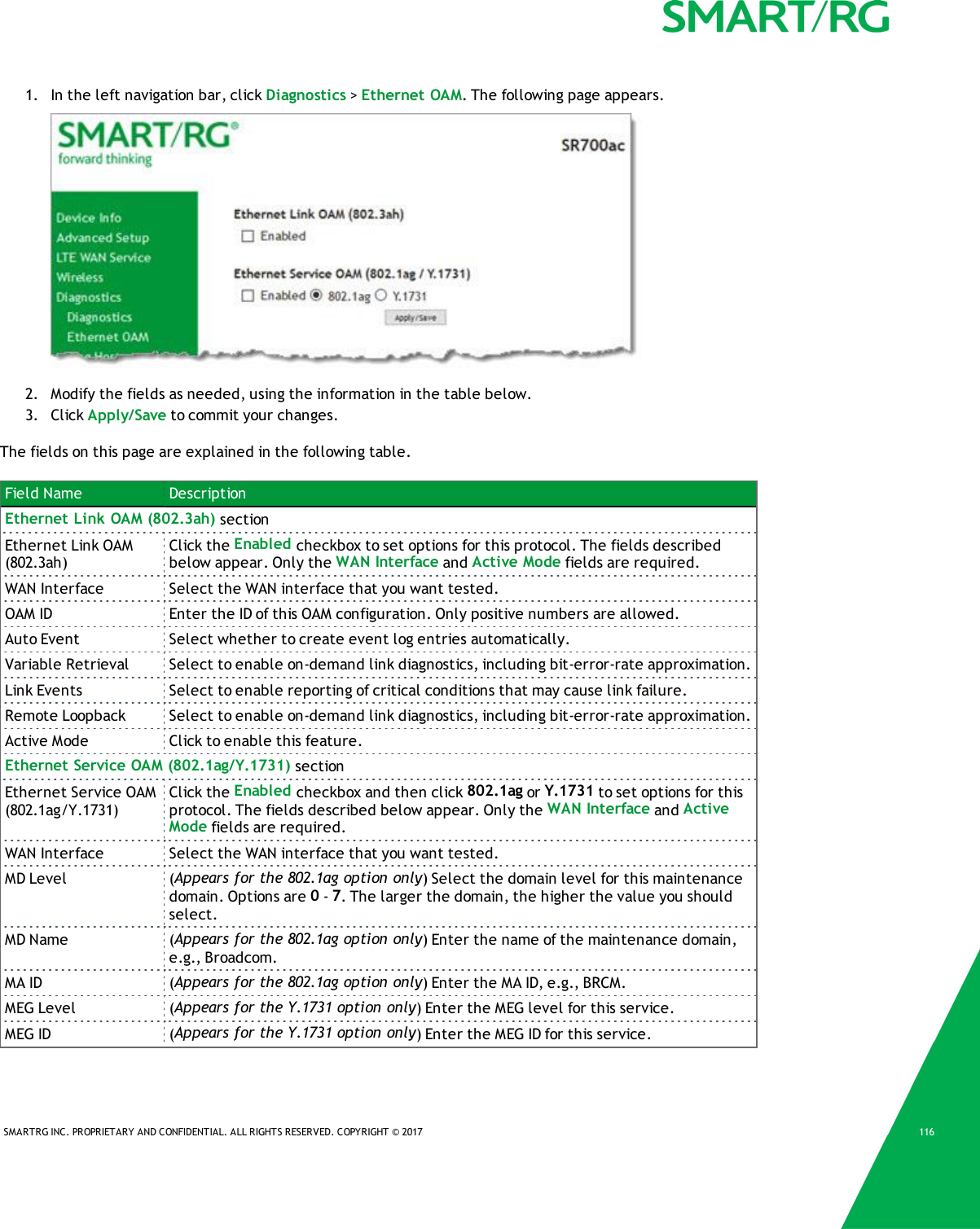 SMARTRG INC. PROPRIETARY AND CONFIDENTIAL. ALL RIGHTS RESERVED. COPYRIGHT &copy; 2017 1161. In the left navigation bar, click Diagnostics >Ethernet OAM. The following page appears.2. Modify the fields as needed, using the information in the table below.3. Click Apply/Save to commit your changes.The fields on this page are explained in the following table.Field Name DescriptionEthernet Link OAM (802.3ah) sectionEthernet Link OAM(802.3ah)Click the Enabled checkbox to set options for this protocol. The fields describedbelow appear. Only the WAN Interface and Active Mode fields are required.WAN Interface Select the WAN interface that you want tested.OAM ID Enter the ID of this OAM configuration. Only positive numbers are allowed.Auto Event Select whether to create event log entries automatically.Variable Retrieval Select to enable on-demand link diagnostics, including bit-error-rate approximation.Link Events Select to enable reporting of critical conditions that may cause link failure.Remote Loopback Select to enable on-demand link diagnostics, including bit-error-rate approximation.Active Mode Click to enable this feature.Ethernet Service OAM (802.1ag/Y.1731) sectionEthernet Service OAM(802.1ag/Y.1731)Click the Enabled checkbox and then click 802.1ag or Y.1731 to set options for thisprotocol. The fields described below appear. Only the WAN Interface and ActiveMode fields are required.WAN Interface Select the WAN interface that you want tested.MD Level (Appears for the 802.1ag option only) Select the domain level for this maintenancedomain. Options are 0-7. The larger the domain, the higher the value you shouldselect.MD Name (Appears for the 802.1ag option only) Enter the name of the maintenance domain,e.g., Broadcom.MA ID (Appears for the 802.1ag option only) Enter the MA ID, e.g., BRCM.MEG Level (Appears for the Y.1731 option only) Enter the MEG level for this service.MEG ID (Appears for the Y.1731 option only) Enter the MEG ID for this service.