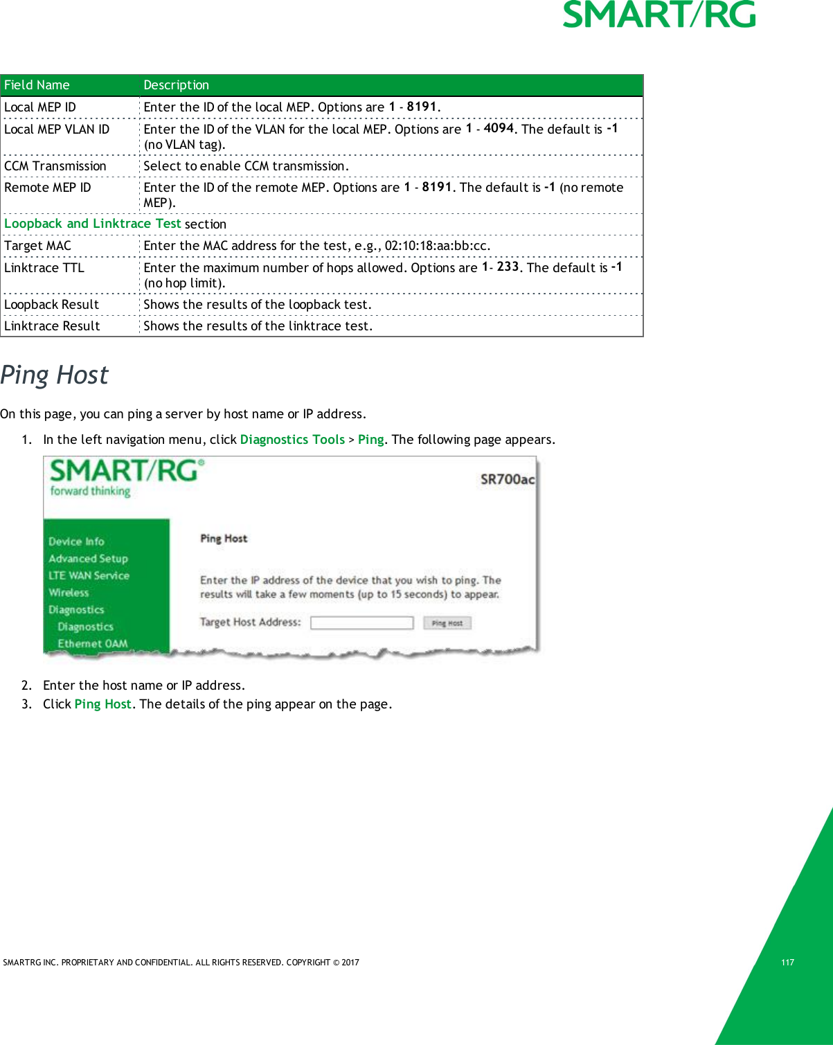 SMARTRG INC. PROPRIETARY AND CONFIDENTIAL. ALL RIGHTS RESERVED. COPYRIGHT &copy; 2017 117Field Name DescriptionLocal MEP ID Enter the ID of the local MEP. Options are 1-8191.Local MEP VLAN ID Enter the ID of the VLAN for the local MEP. Options are 1-4094. The default is -1(no VLAN tag).CCM Transmission Select to enable CCM transmission.Remote MEP ID Enter the ID of the remote MEP. Options are 1-8191. The default is -1 (no remoteMEP).Loopback and Linktrace Test sectionTarget MAC Enter the MAC address for the test, e.g., 02:10:18:aa:bb:cc.Linktrace TTL Enter the maximum number of hops allowed. Options are 1-233. The default is -1(no hop limit).Loopback Result Shows the results of the loopback test.Linktrace Result Shows the results of the linktrace test.Ping HostOn this page, you can ping a server by host name or IP address.1. In the left navigation menu, click Diagnostics Tools >Ping. The following page appears.2. Enter the host name or IP address.3. Click Ping Host. The details of the ping appear on the page.