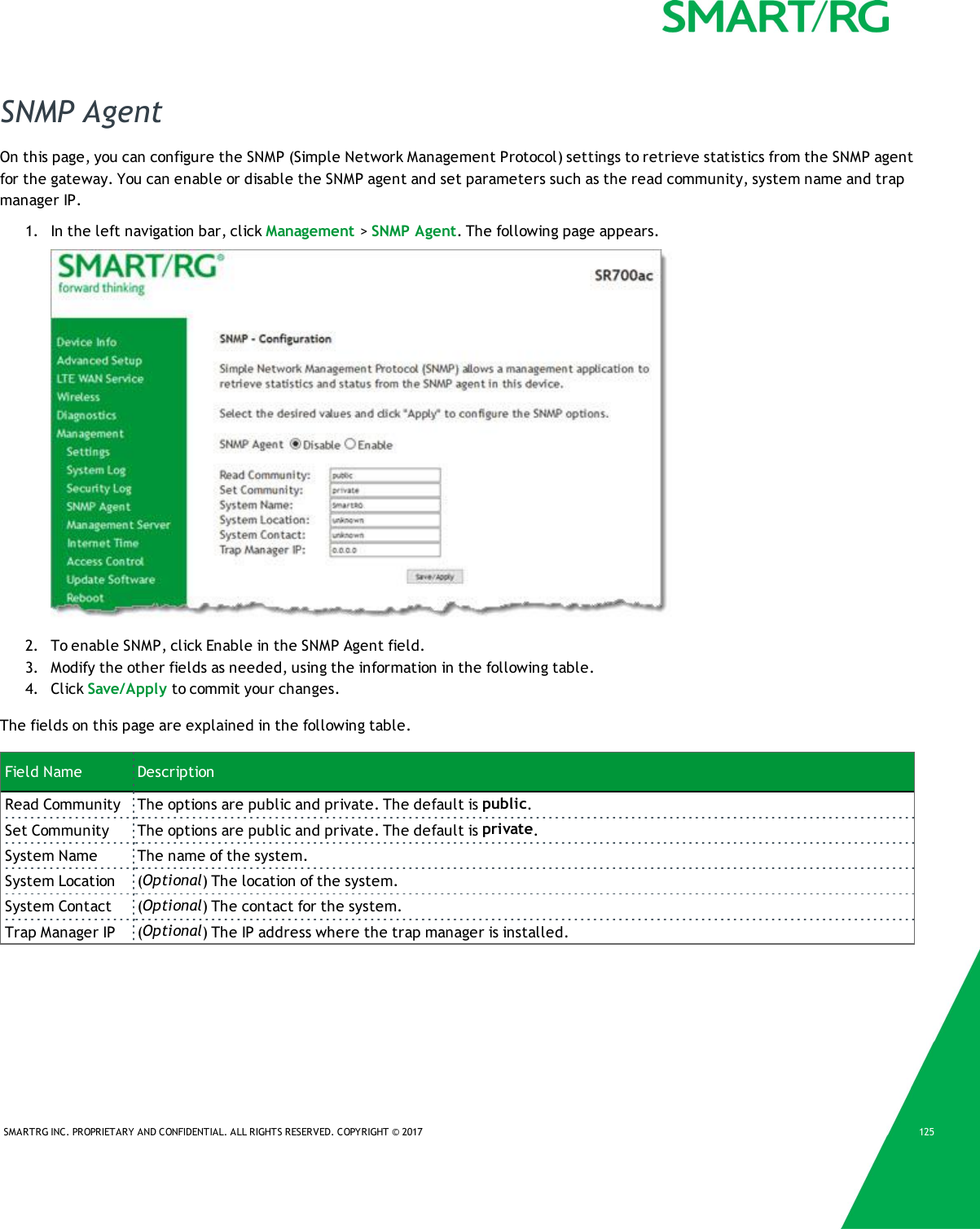 SMARTRG INC. PROPRIETARY AND CONFIDENTIAL. ALL RIGHTS RESERVED. COPYRIGHT &copy; 2017 125SNMP AgentOn this page, you can configure the SNMP (Simple Network Management Protocol) settings to retrieve statistics from the SNMP agentfor the gateway. You can enable or disable the SNMP agent and set parameters such as the read community, system name and trapmanager IP.1. In the left navigation bar, click Management >SNMP Agent. The following page appears.2. To enable SNMP, click Enable in the SNMP Agent field.3. Modify the other fields as needed, using the information in the following table.4. Click Save/Apply to commit your changes.The fields on this page are explained in the following table.Field Name DescriptionRead Community The options are public and private. The default is public.Set Community The options are public and private. The default is private.System Name The name of the system.System Location (Optional) The location of the system.System Contact (Optional) The contact for the system.Trap Manager IP (Optional) The IP address where the trap manager is installed.