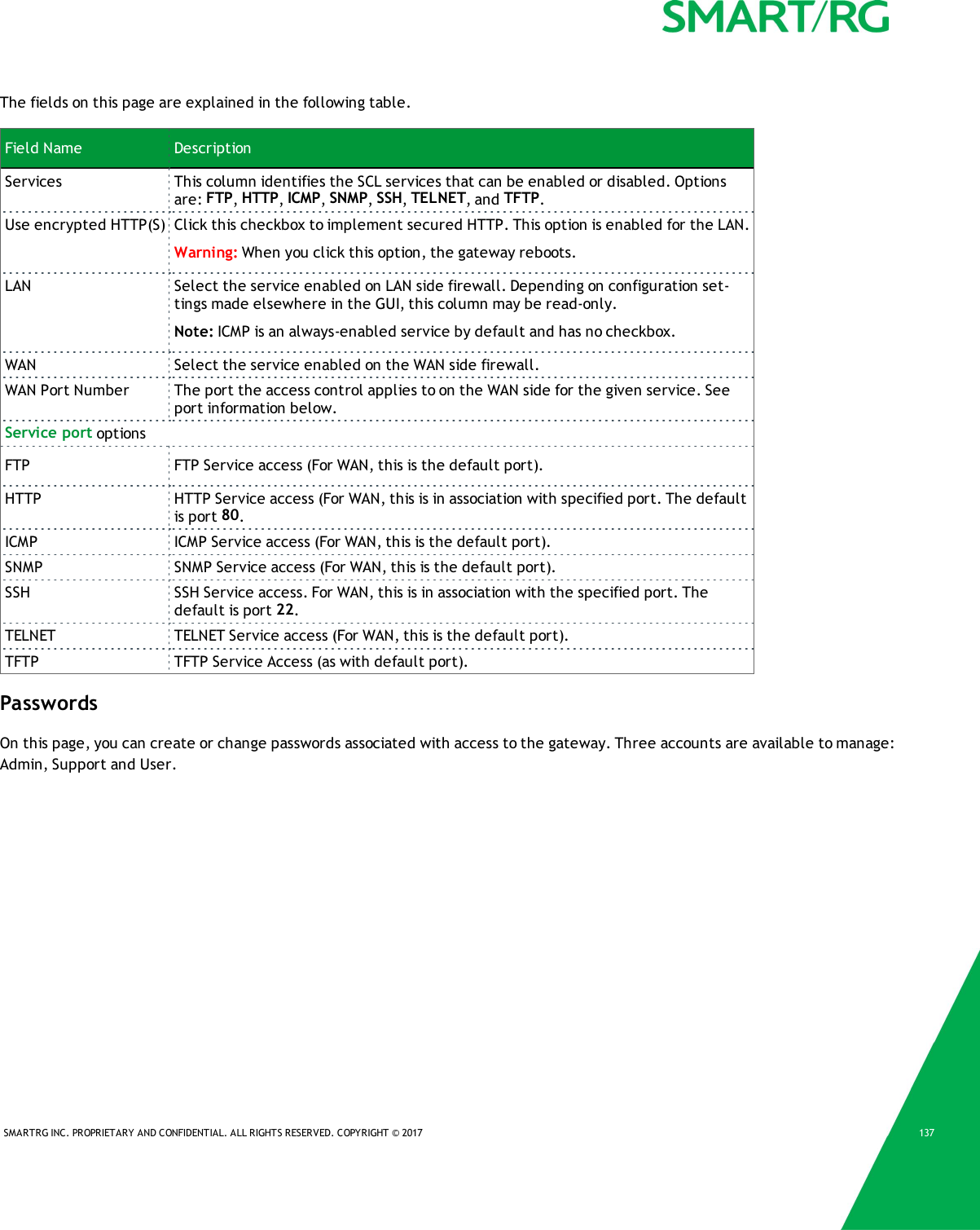 SMARTRG INC. PROPRIETARY AND CONFIDENTIAL. ALL RIGHTS RESERVED. COPYRIGHT &copy; 2017 137The fields on this page are explained in the following table.Field Name DescriptionServices This column identifies the SCL services that can be enabled or disabled. Optionsare: FTP,HTTP,ICMP,SNMP,SSH,TELNET, and TFTP.Use encrypted HTTP(S) Click this checkbox to implement secured HTTP. This option is enabled for the LAN.Warning: When you click this option, the gateway reboots.LAN Select the service enabled on LAN side firewall. Depending on configuration set-tings made elsewhere in the GUI, this column may be read-only.Note: ICMP is an always-enabled service by default and has no checkbox.WAN Select the service enabled on the WAN side firewall.WAN Port Number The port the access control applies to on the WAN side for the given service. Seeport information below.Service port optionsFTP FTP Service access (For WAN, this is the default port).HTTP HTTP Service access (For WAN, this is in association with specified port. The defaultis port 80.ICMP ICMP Service access (For WAN, this is the default port).SNMP SNMP Service access (For WAN, this is the default port).SSH SSH Service access. For WAN, this is in association with the specified port. Thedefault is port 22.TELNET TELNET Service access (For WAN, this is the default port).TFTP TFTP Service Access (as with default port).PasswordsOn this page, you can create or change passwords associated with access to the gateway. Three accounts are available to manage:Admin, Support and User.