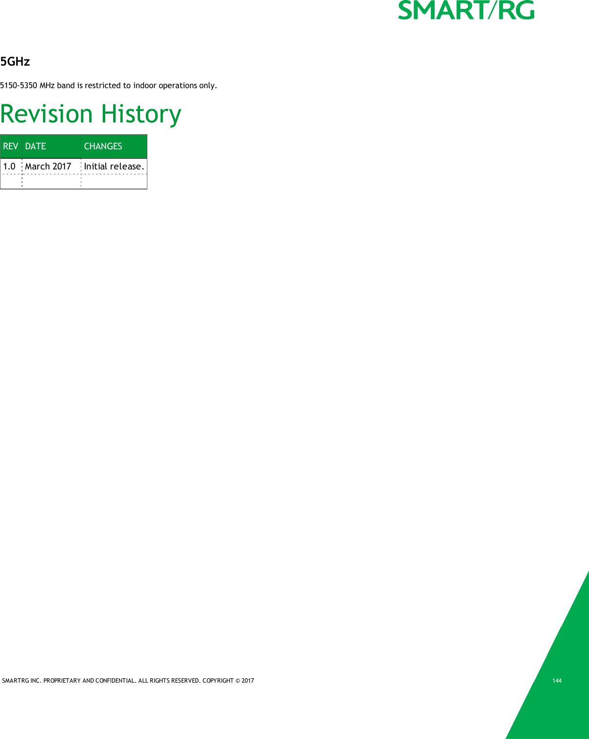 SMARTRG INC. PROPRIETARY AND CONFIDENTIAL. ALL RIGHTS RESERVED. COPYRIGHT &copy; 2017 1445GHz5150-5350 MHz band is restricted to indoor operations only.Revision HistoryREV DATE CHANGES1.0 March 2017 Initial release.