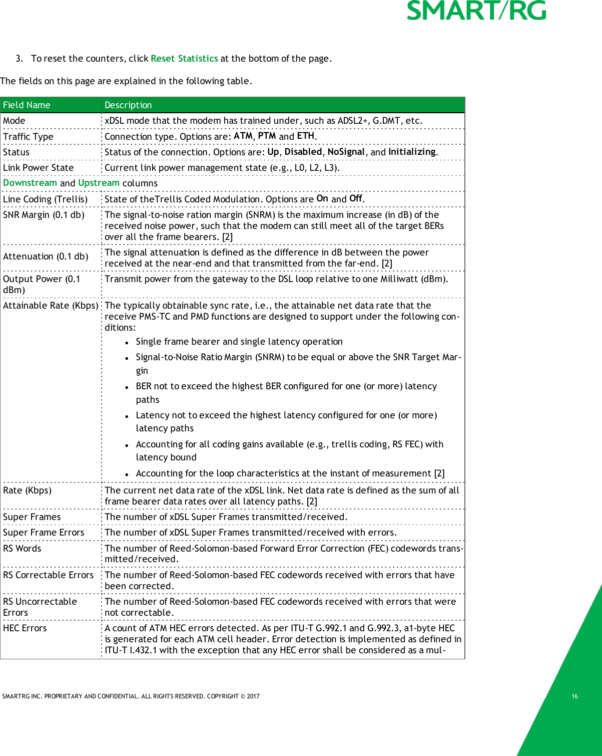 SMARTRG INC. PROPRIETARY AND CONFIDENTIAL. ALL RIGHTS RESERVED. COPYRIGHT &copy; 2017 163. To reset the counters, click Reset Statistics at the bottom of the page.The fields on this page are explained in the following table.Field Name DescriptionMode xDSL mode that the modem has trained under, such as ADSL2+, G.DMT, etc.Traffic Type Connection type. Options are: ATM,PTM and ETH.Status Status of the connection. Options are: Up,Disabled,NoSignal, and Initializing.Link Power State Current link power management state (e.g., L0, L2, L3).Downstream and Upstream columnsLine Coding (Trellis) State of theTrellis Coded Modulation. Options are On and Off.SNR Margin (0.1 db) The signal-to-noise ration margin (SNRM) is the maximum increase (in dB) of thereceived noise power, such that the modem can still meet all of the target BERsover all the frame bearers. [2]Attenuation (0.1 db) The signal attenuation is defined as the difference in dB between the powerreceived at the near-end and that transmitted from the far-end. [2]Output Power (0.1dBm)Transmit power from the gateway to the DSL loop relative to one Milliwatt (dBm).Attainable Rate (Kbps) The typically obtainable sync rate, i.e., the attainable net data rate that thereceive PMS-TC and PMD functions are designed to support under the following con-ditions:lSingle frame bearer and single latency operationlSignal-to-Noise Ratio Margin (SNRM) to be equal or above the SNR Target Mar-ginlBER not to exceed the highest BER configured for one (or more) latencypathslLatency not to exceed the highest latency configured for one (or more)latency pathslAccounting for all coding gains available (e.g., trellis coding, RS FEC) withlatency boundlAccounting for the loop characteristics at the instant of measurement [2]Rate (Kbps) The current net data rate of the xDSL link. Net data rate is defined as the sum of allframe bearer data rates over all latency paths. [2]Super Frames The number of xDSL Super Frames transmitted/received.Super Frame Errors The number of xDSL Super Frames transmitted/received with errors.RS Words The number of Reed-Solomon-based Forward Error Correction (FEC) codewords trans-mitted/received.RS Correctable Errors The number of Reed-Solomon-based FEC codewords received with errors that havebeen corrected.RS UncorrectableErrorsThe number of Reed-Solomon-based FEC codewords received with errors that werenot correctable.HEC Errors A count of ATM HEC errors detected. As per ITU-T G.992.1 and G.992.3, a1-byte HECis generated for each ATM cell header. Error detection is implemented as defined inITU-T I.432.1 with the exception that any HEC error shall be considered as a mul-