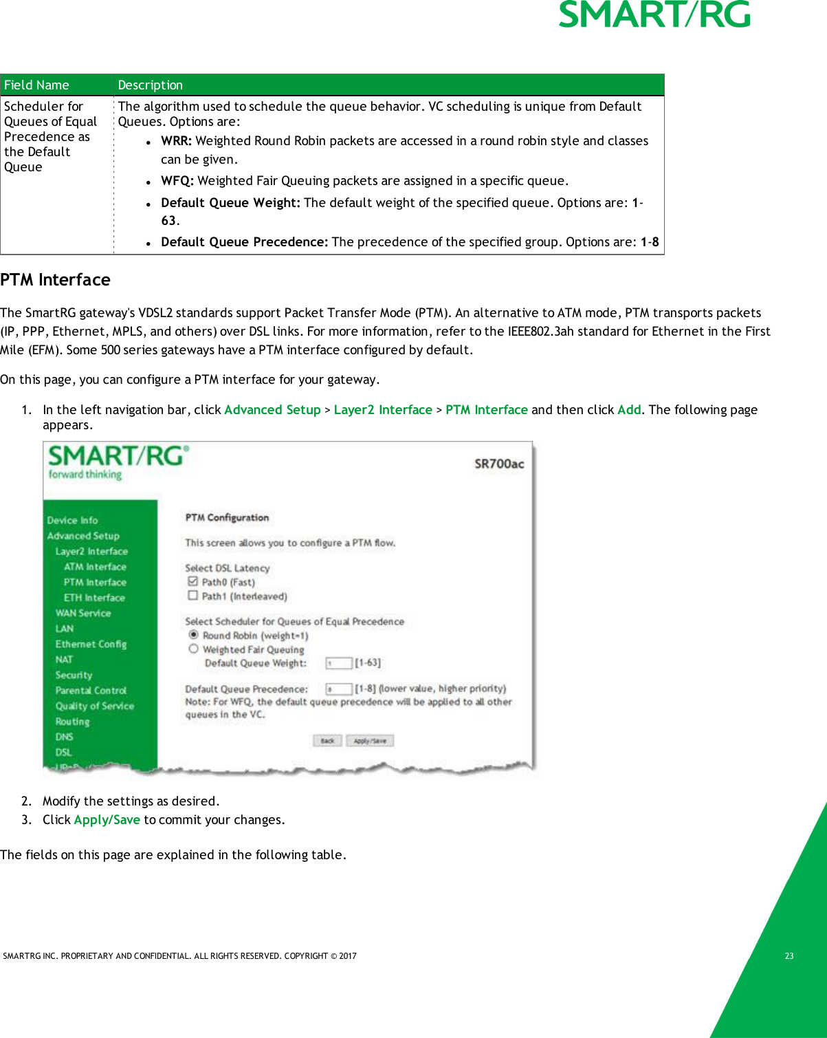 SMARTRG INC. PROPRIETARY AND CONFIDENTIAL. ALL RIGHTS RESERVED. COPYRIGHT &copy; 2017 23Field Name DescriptionScheduler forQueues of EqualPrecedence asthe DefaultQueueThe algorithm used to schedule the queue behavior. VC scheduling is unique from DefaultQueues. Options are:lWRR: Weighted Round Robin packets are accessed in a round robin style and classescan be given.lWFQ: Weighted Fair Queuing packets are assigned in a specific queue.lDefault Queue Weight: The default weight of the specified queue. Options are: 1-63.lDefault Queue Precedence: The precedence of the specified group. Options are: 1-8PTM InterfaceThe SmartRG gateway's VDSL2 standards support Packet Transfer Mode (PTM). An alternative to ATM mode, PTM transports packets(IP, PPP, Ethernet, MPLS, and others) over DSL links. For more information, refer to the IEEE802.3ah standard for Ethernet in the FirstMile (EFM). Some 500 series gateways have a PTM interface configured by default.On this page, you can configure a PTM interface for your gateway.1. In the left navigation bar, click Advanced Setup >Layer2 Interface >PTM Interface and then click Add. The following pageappears.2. Modify the settings as desired.3. Click Apply/Save to commit your changes.The fields on this page are explained in the following table.