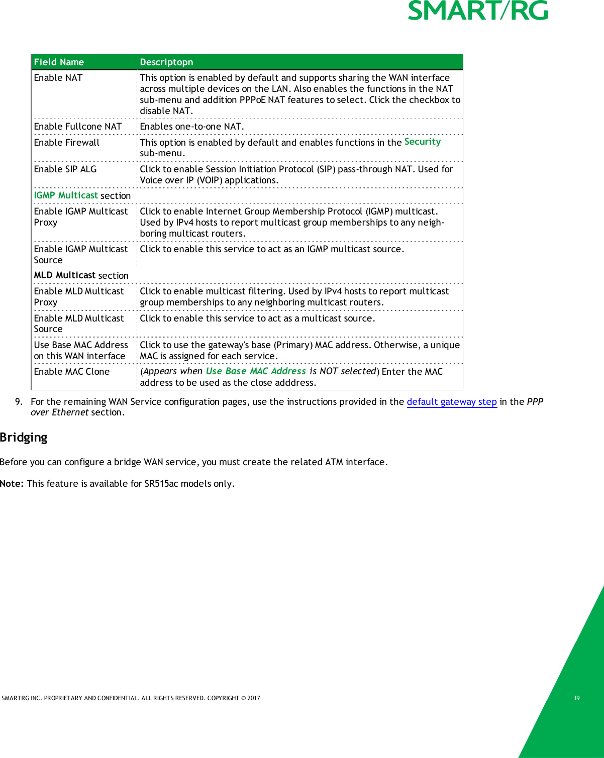 SMARTRG INC. PROPRIETARY AND CONFIDENTIAL. ALL RIGHTS RESERVED. COPYRIGHT &copy; 2017 39Field Name DescriptopnEnable NAT This option is enabled by default and supports sharing the WAN interfaceacross multiple devices on the LAN. Also enables the functions in the NATsub-menu and addition PPPoE NAT features to select. Click the checkbox todisable NAT.Enable Fullcone NAT Enables one-to-one NAT.Enable Firewall This option is enabled by default and enables functions in the Securitysub-menu.Enable SIP ALG Click to enable Session Initiation Protocol (SIP) pass-through NAT. Used forVoice over IP (VOIP) applications.IGMP Multicast sectionEnable IGMP MulticastProxyClick to enable Internet Group Membership Protocol (IGMP) multicast.Used by IPv4 hosts to report multicast group memberships to any neigh-boring multicast routers.Enable IGMP MulticastSourceClick to enable this service to act as an IGMP multicast source.MLD Multicast sectionEnable MLD MulticastProxyClick to enable multicast filtering. Used by IPv4 hosts to report multicastgroup memberships to any neighboring multicast routers.Enable MLD MulticastSourceClick to enable this service to act as a multicast source.Use Base MAC Addresson this WAN interfaceClick to use the gateway's base (Primary) MAC address. Otherwise, a uniqueMAC is assigned for each service.Enable MACClone (Appears when Use Base MAC Address is NOT selected) Enter the MACaddress to be used as the close adddress.9. For the remaining WAN Service configuration pages, use the instructions provided in the default gateway step in the PPPover Ethernet section.BridgingBefore you can configure a bridge WAN service, you must create the related ATM interface.Note: This feature is available for SR515ac models only.